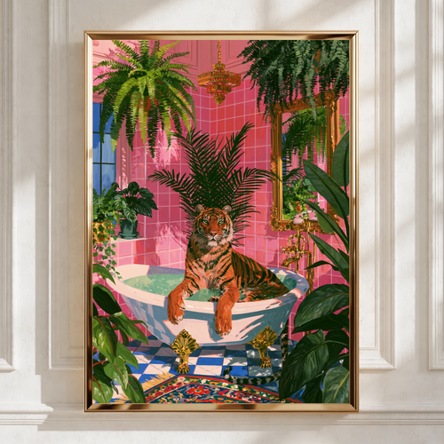 Tiger in Bath Pink Bathroom Poster, Tropical Plants Wall Art Print