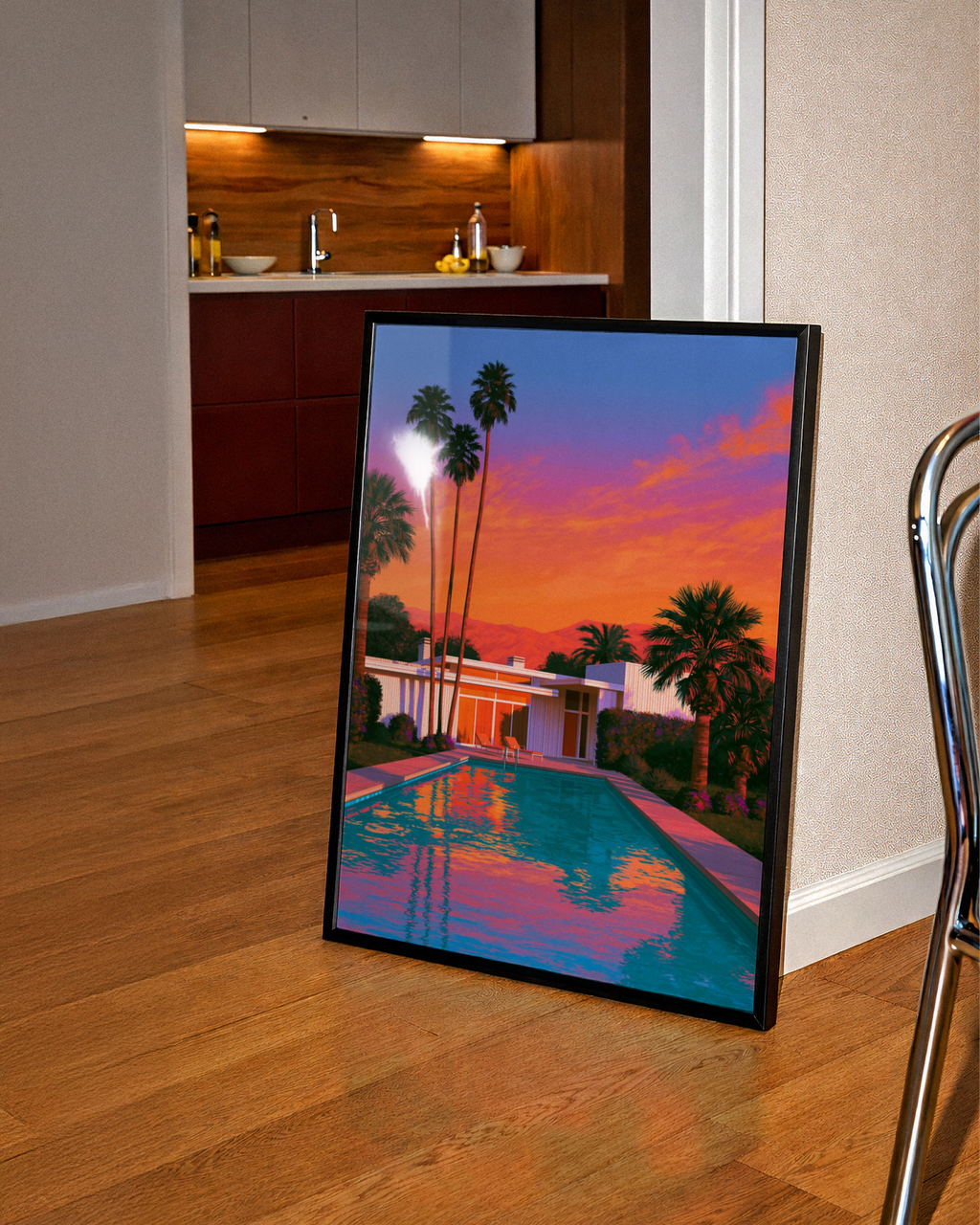 Desert Palm Springs Villa Pool Sunset Poster, Mid-Century Modern Art Print