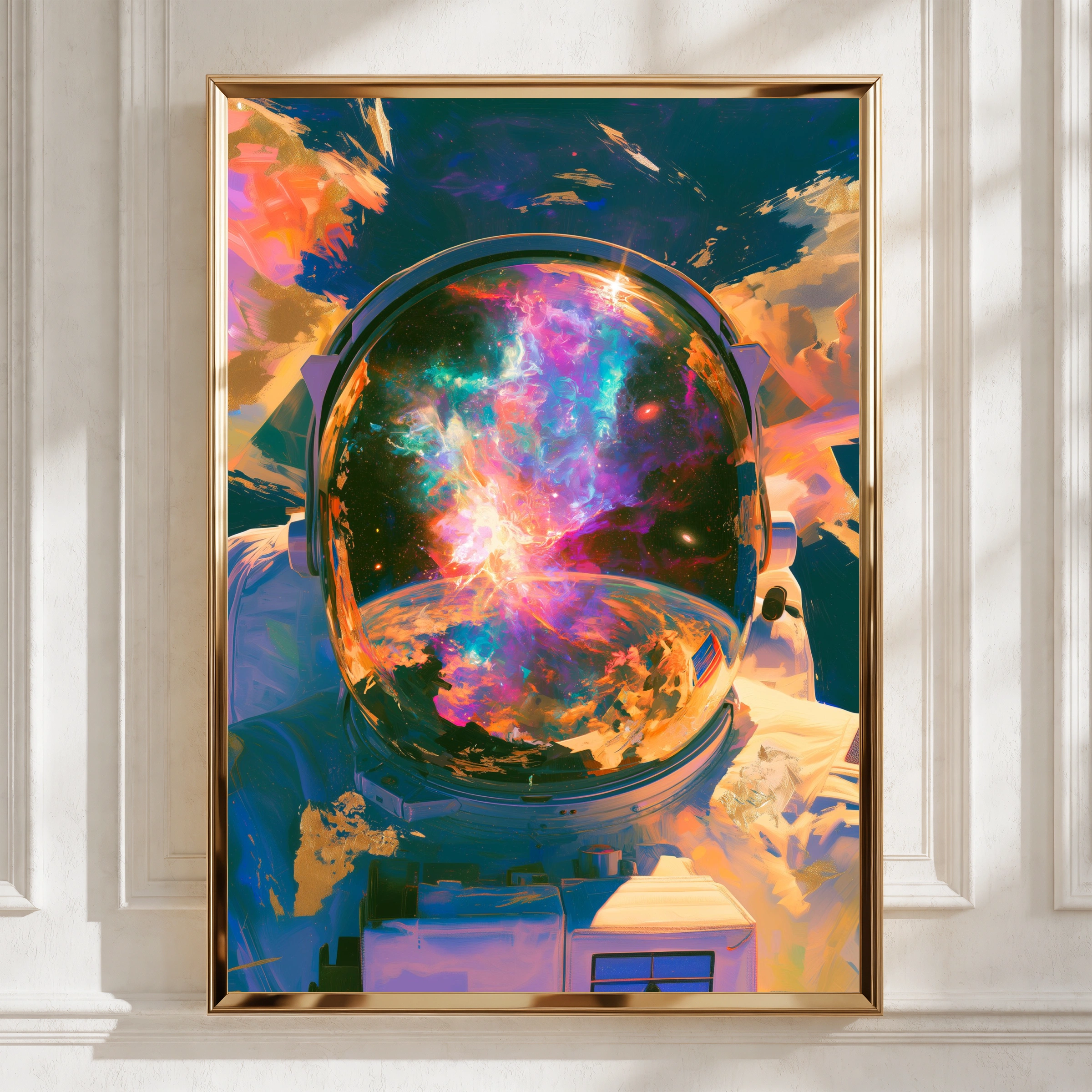 Astronaut Helmet Nebula Reflection Poster, Abstract Space Art Print