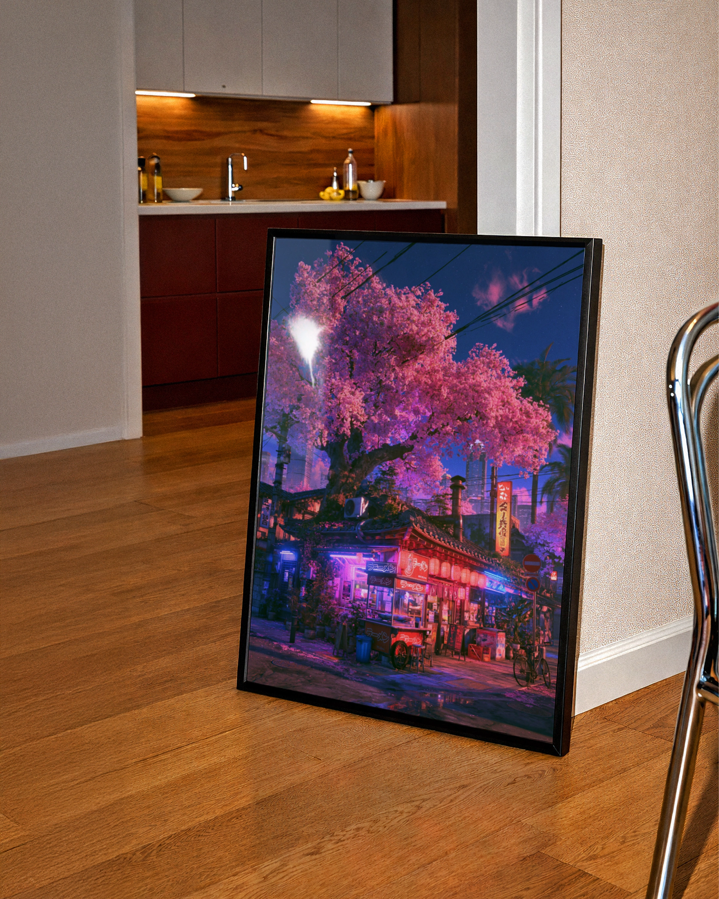 Japan Cherry Blossom Street Corner Poster, Neon Tokyo Night Art Print