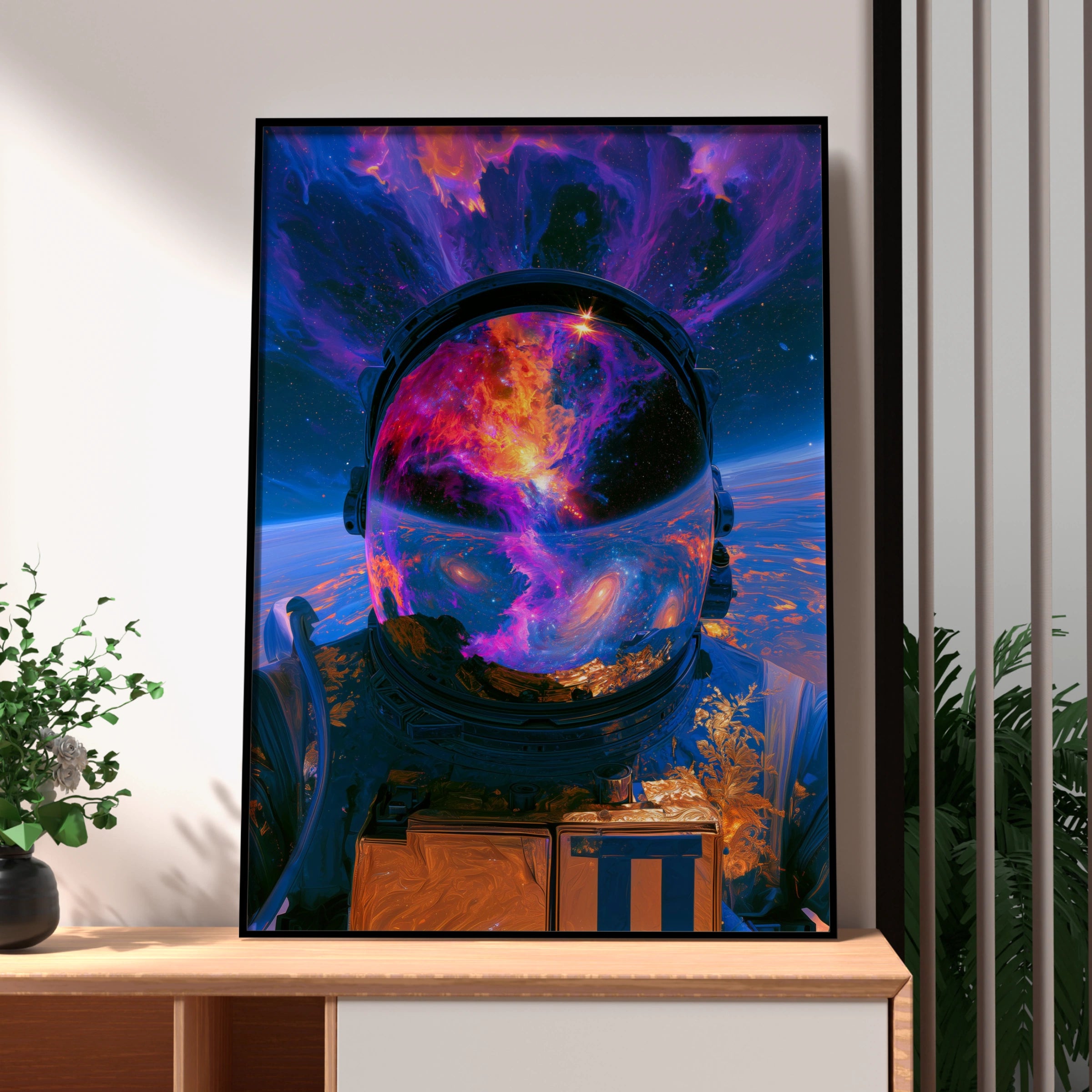 Astronaut Nebula Helmet Poster, Abstract Space Galaxy Wall Art Print