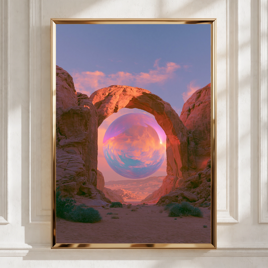 Desert Canyon Arch Surreal Sphere Poster, Iridescent Art Print, Dreamy