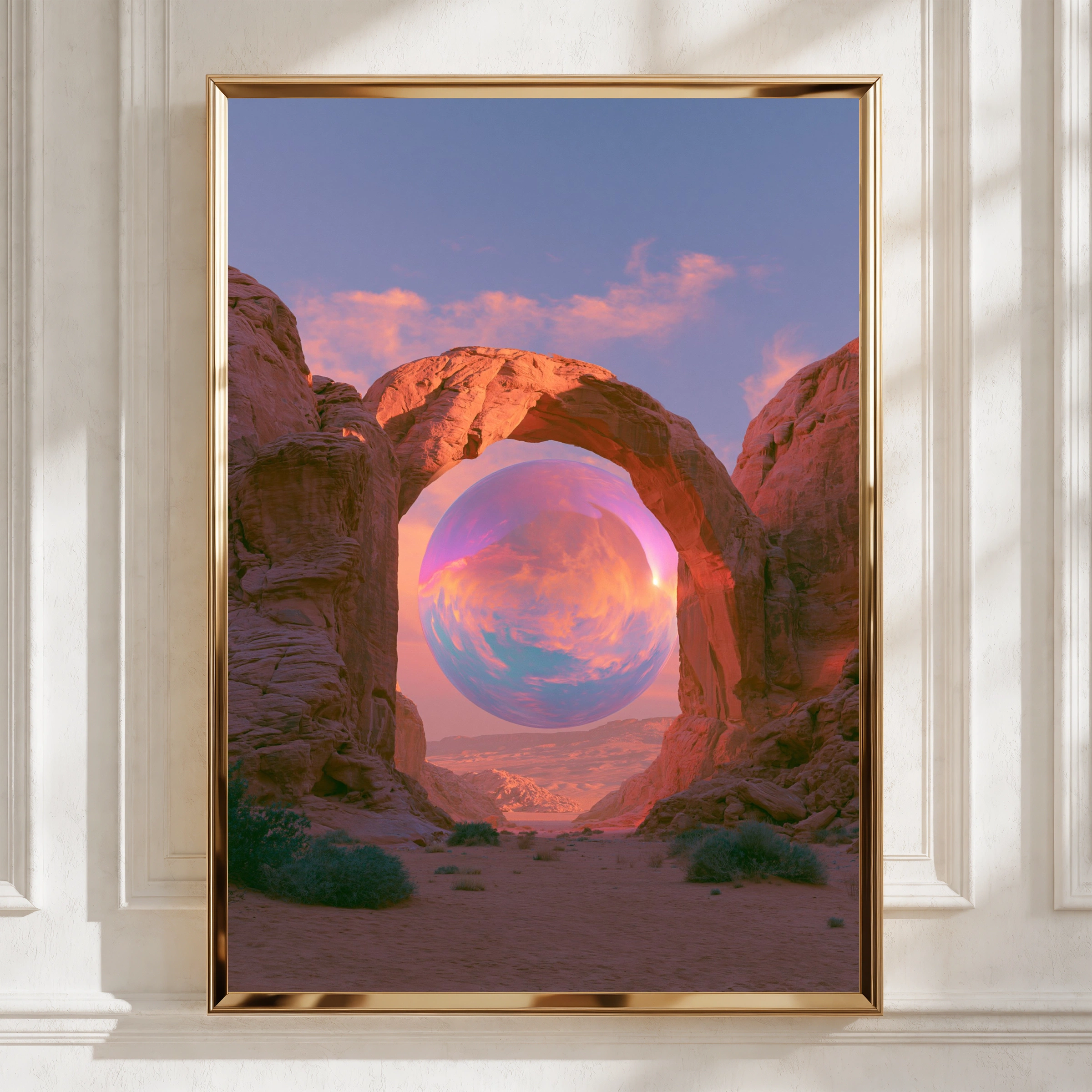 Desert Canyon Arch Surreal Sphere Poster, Iridescent Art Print, Dreamy