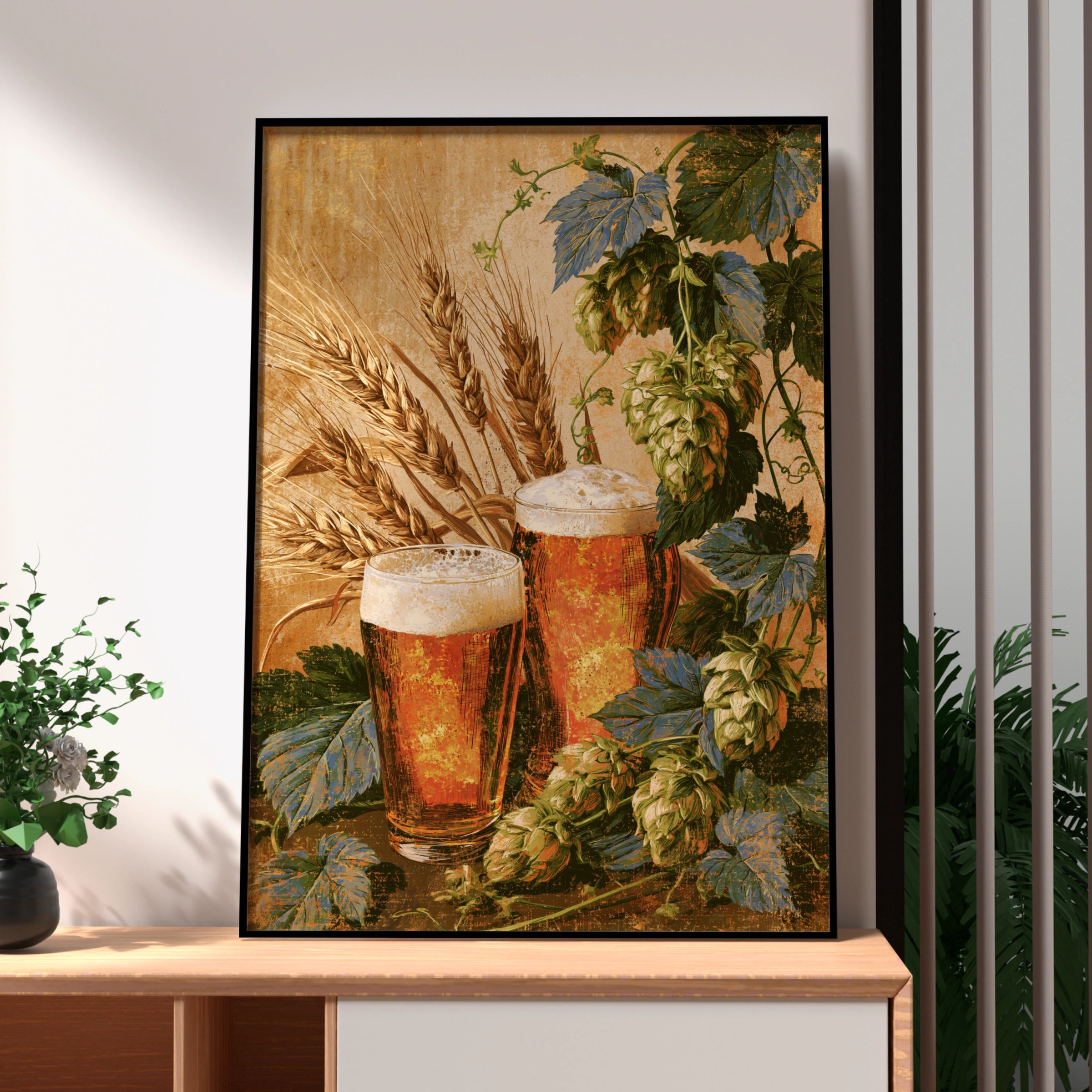 Beer Hops & Wheat Still Life Poster, Vintage Brewery Wall Art Print