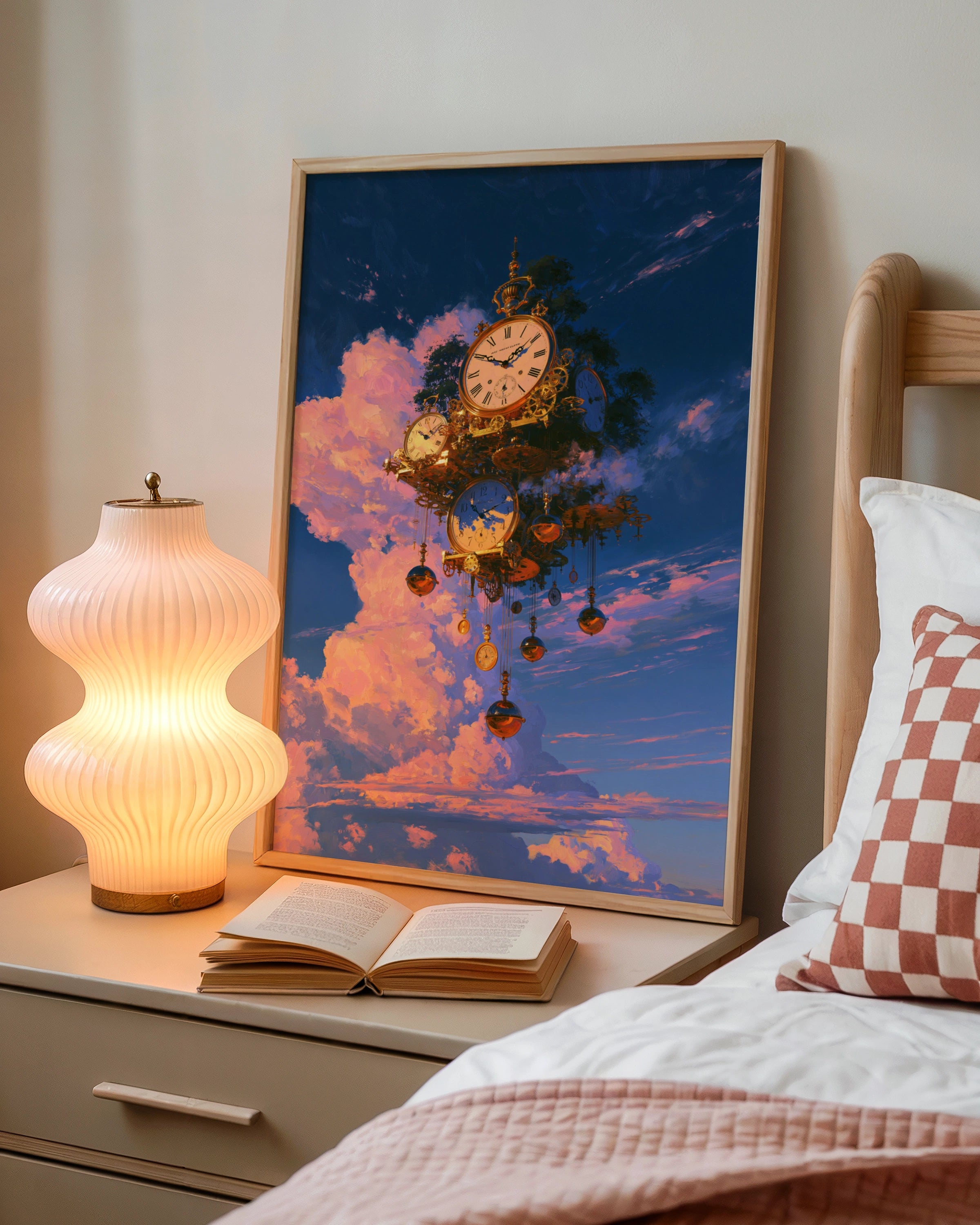Floating Clock Sky Fantasy Poster, Steampunk Surreal Art Print, Gold Blue