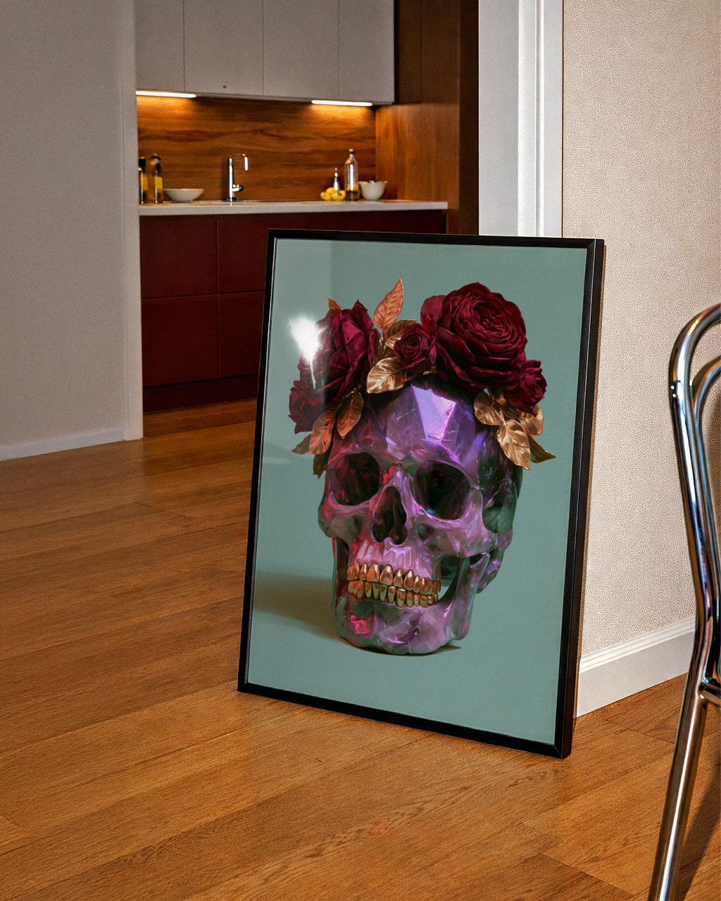 Amethyst Crystal Skull Red Roses Poster, Dark Floral Wall Art, Gothic Print