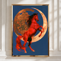 Rearing Red Horse Moon Poster, Celestial Equine Wall Art, Bold Dramatic Print