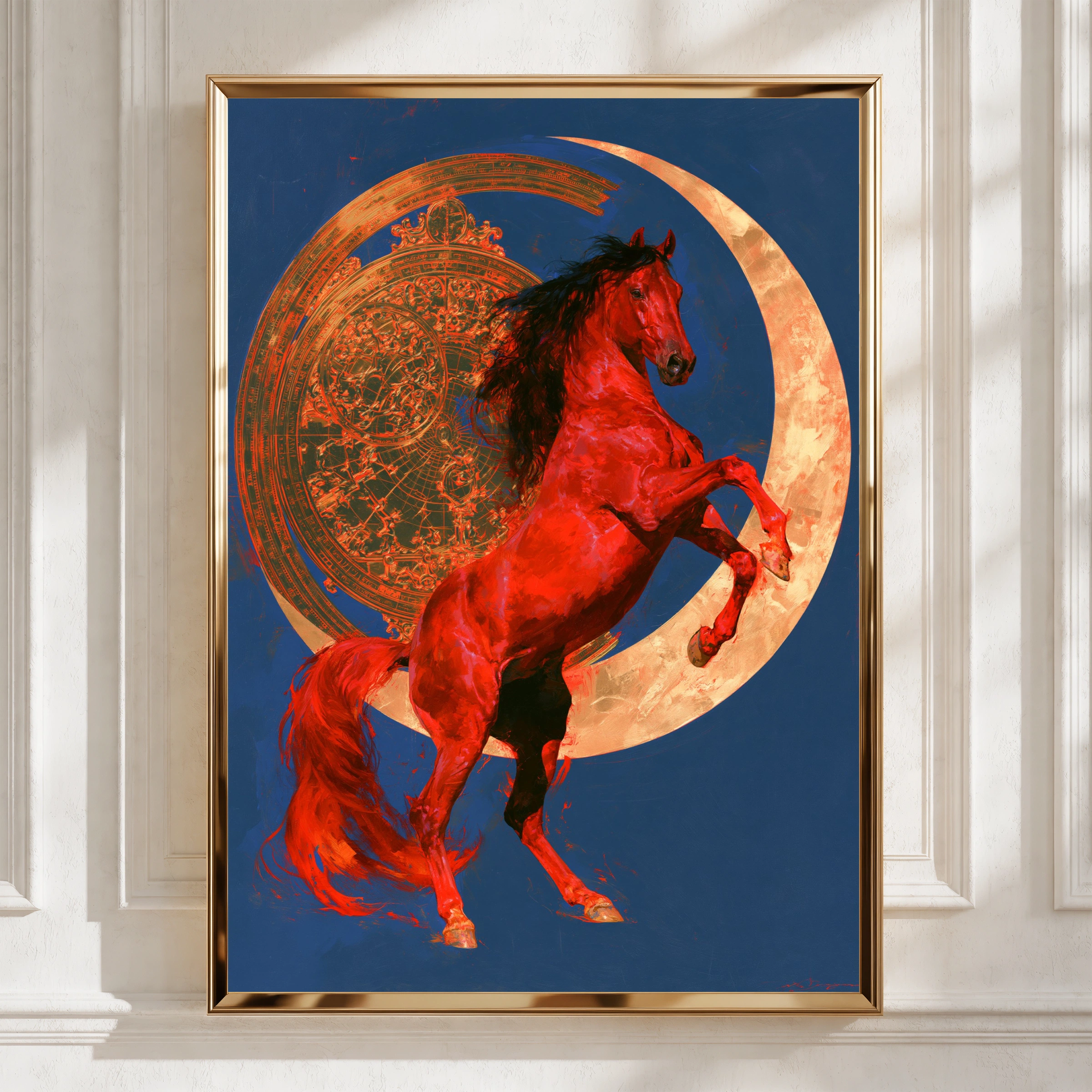 Rearing Red Horse Moon Poster, Celestial Equine Wall Art, Bold Dramatic Print