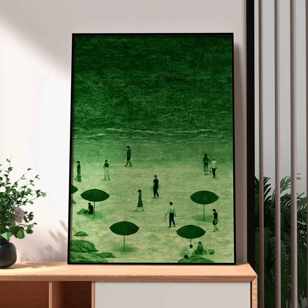 Green Beach Scene Wall Art Poster, Coastal Figures Umbrella Print, Moody Retro Style