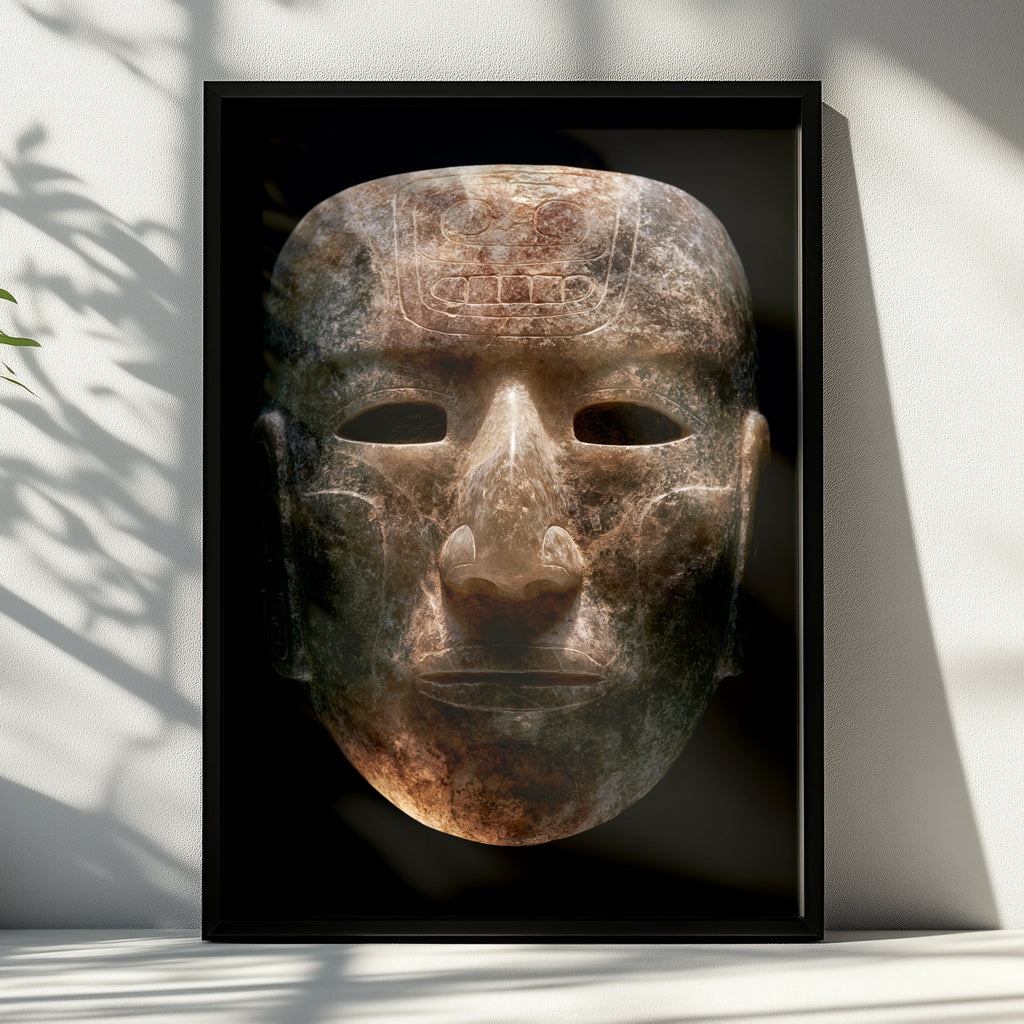 Aztec Mask Wall Art Poster, Ancient Stone Face, Mesoamerican Print