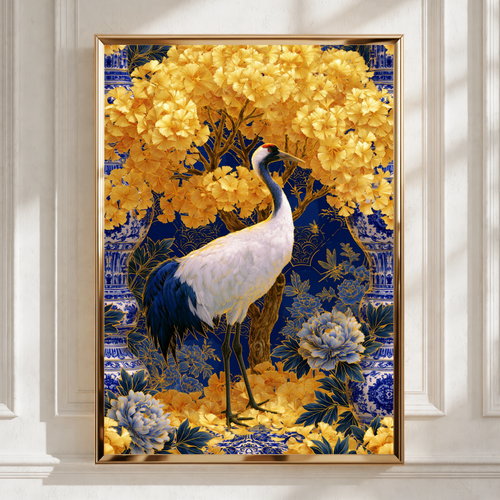 Chinoiserie Crane Gold Poster, Blue Navy Floral Wall Art, Oriental Bird Print