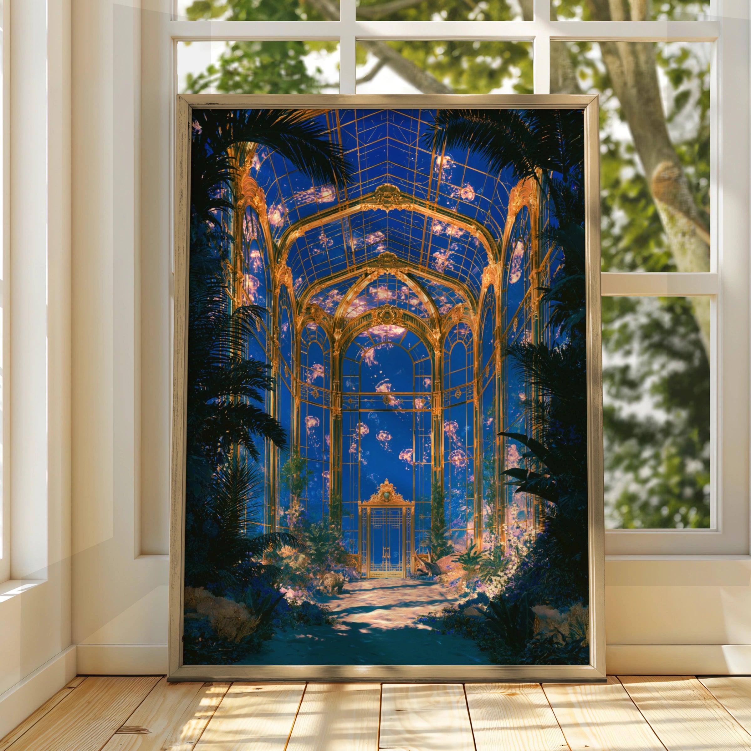 Underwater Glass House Jellyfish Poster, Baroque Greenhouse Art Print, Fantasy Ocean