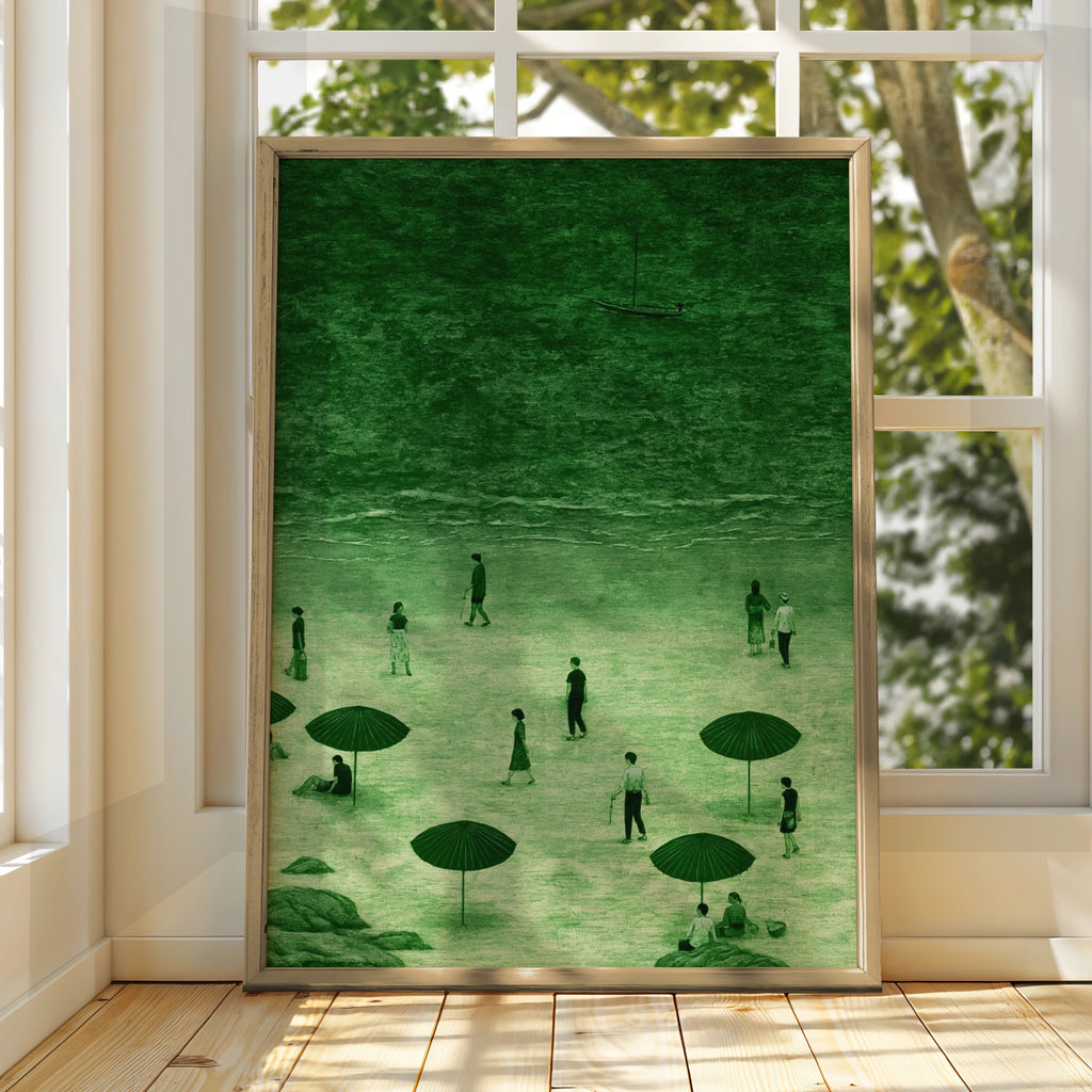 Green Beach Scene Wall Art Poster, Coastal Figures Umbrella Print, Moody Retro Style
