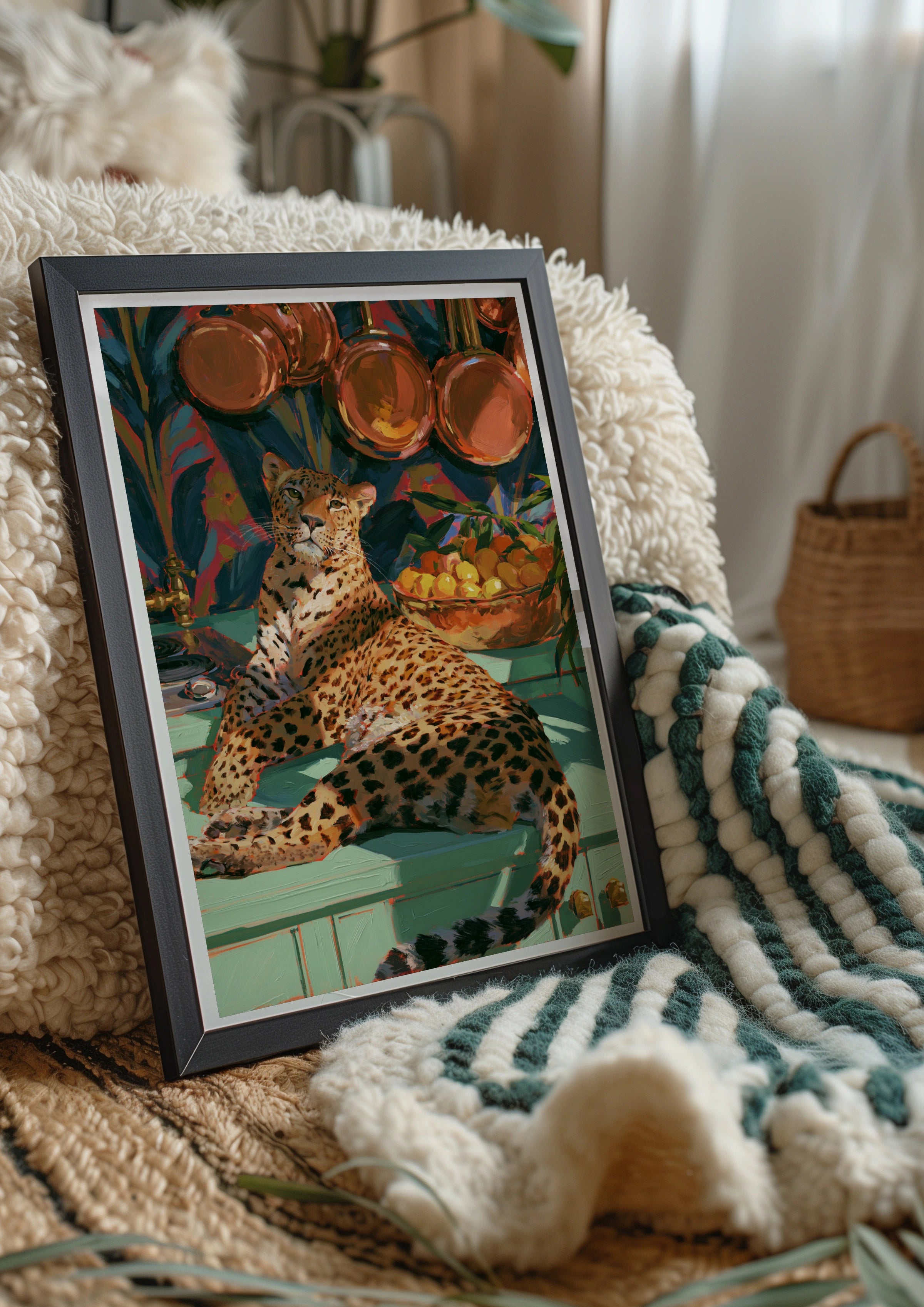Jaguar in Kitchen Poster, Leopard Wall Art, Copper Pans, Maximalist Print