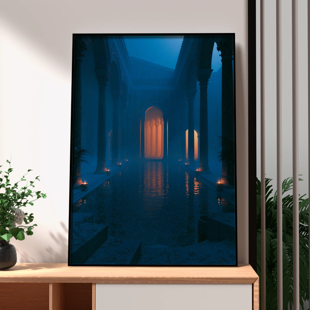 Roman Frigidarium Bath, Candlelit Architecture Poster, Dark Blue Atmospheric Art