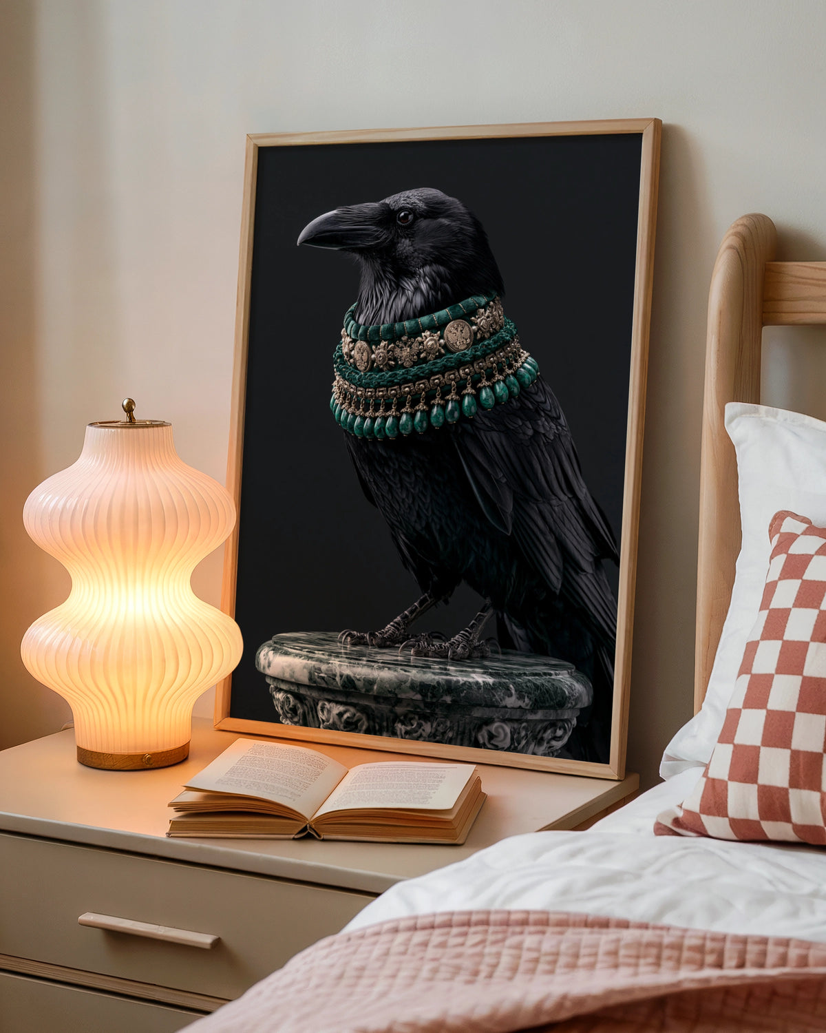 Raven With Green Jewelled Necklace Wall Art Poster, Dark Gothic Bird Print