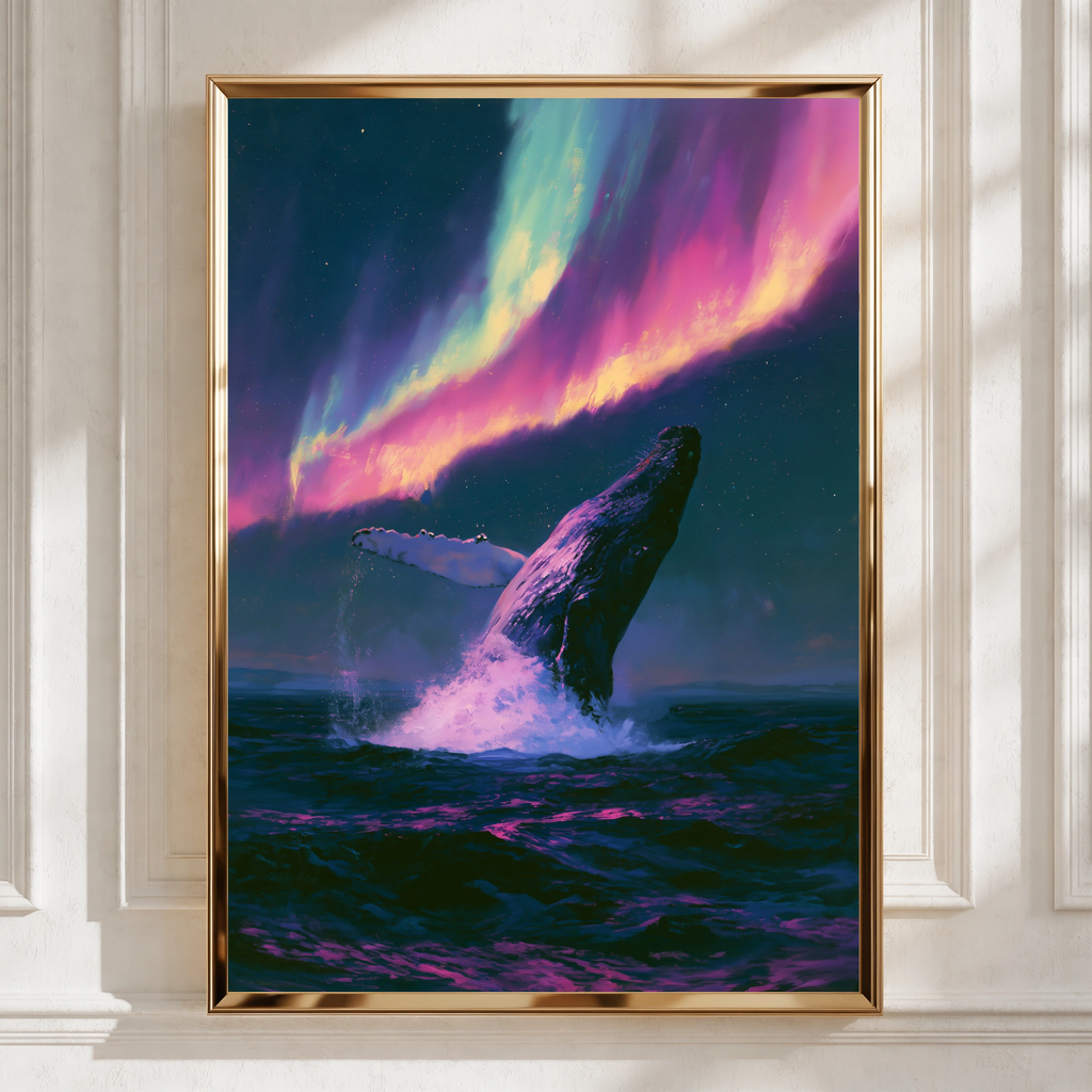 Whale Aurora Borealis Poster, Humpback Breaching Northern Lights Art Print