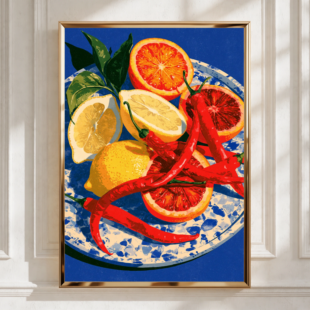 Chillies Lemon Blood Orange Still Life Poster, Bold Cobalt Blue Kitchen Art