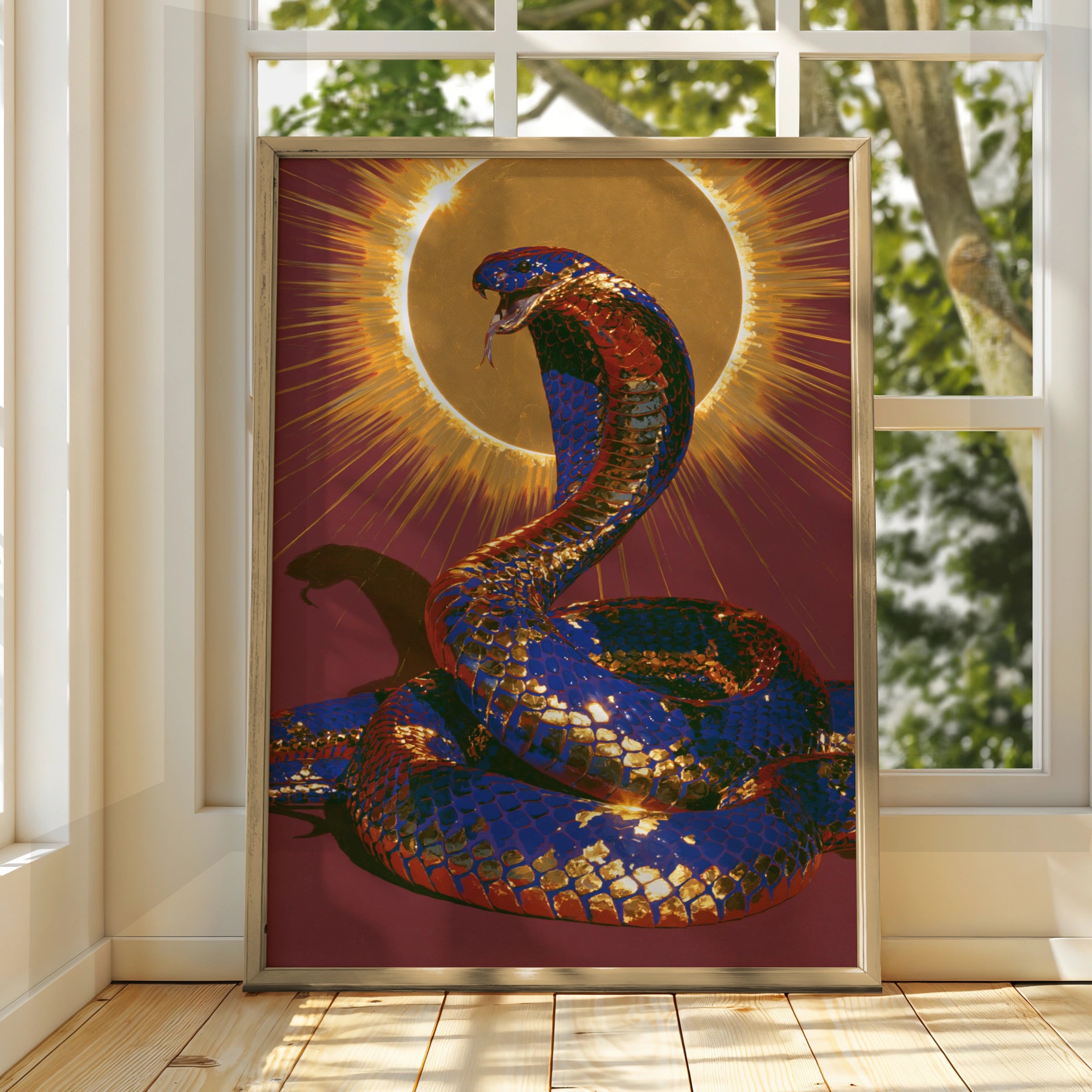 Cobra Snake Sun Poster, Crimson Blue Gold Wall Art, Mythic Serpent Print