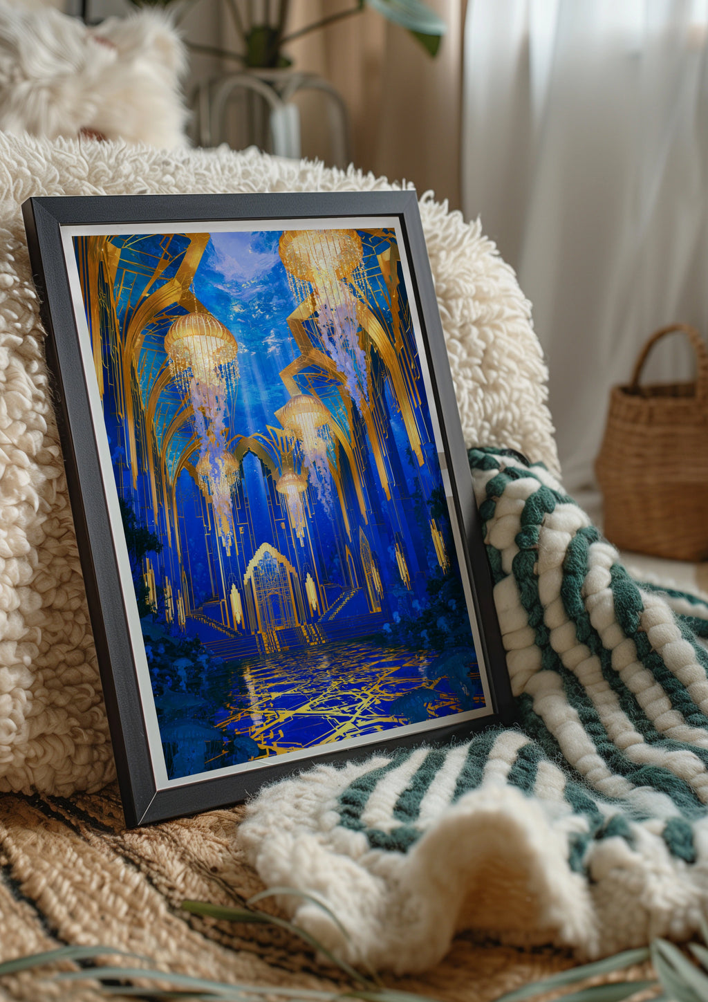 Underwater City Hall Jellyfish Poster, Art Deco Fantasy Blue Gold Print