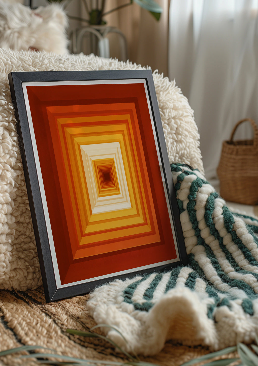 Red Orange Concentric Rectangles Wall Art Poster, Geometric Op Art Print