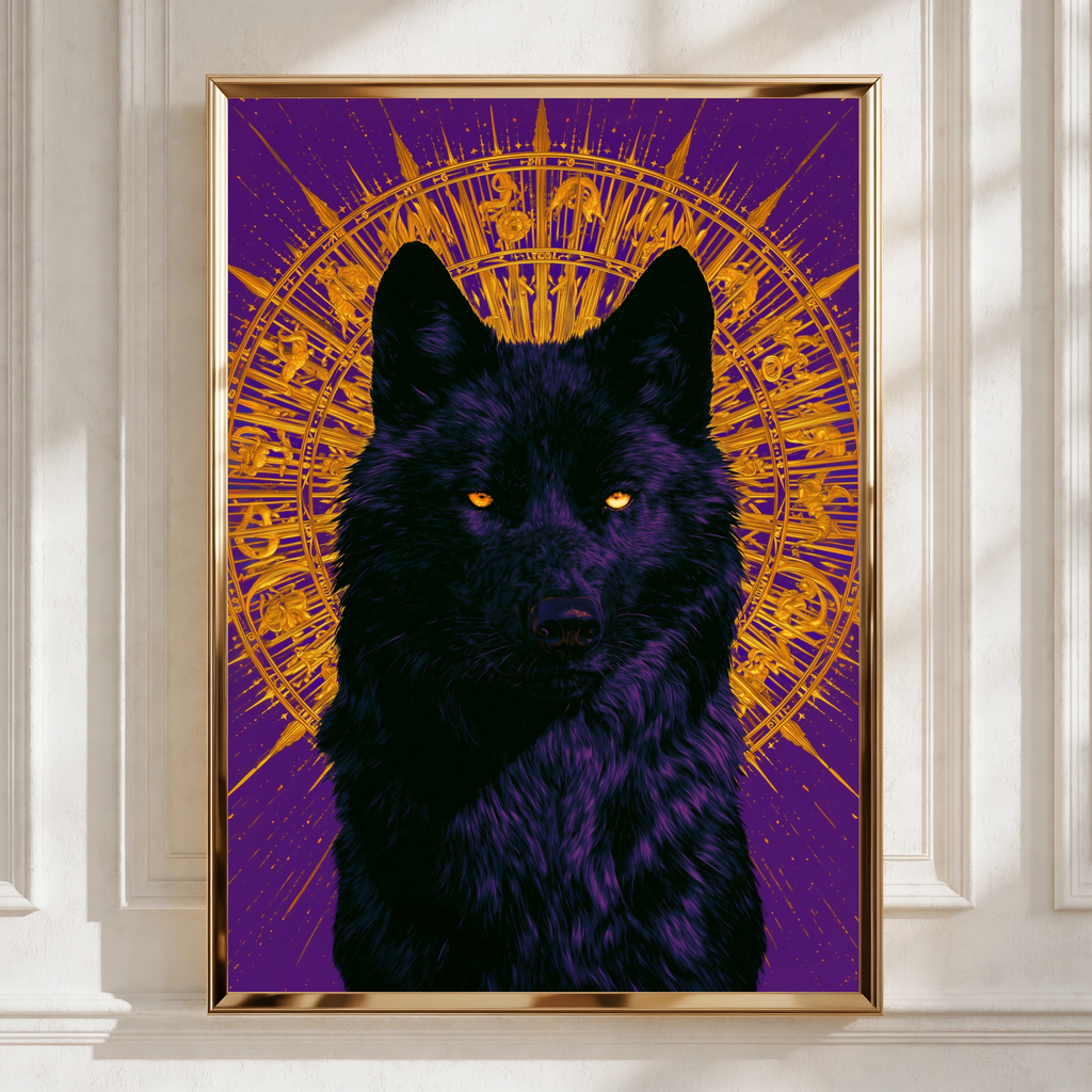 Black Wolf Black Sun Poster, Purple Gold Mystical Wall Art, Bold Animal Print