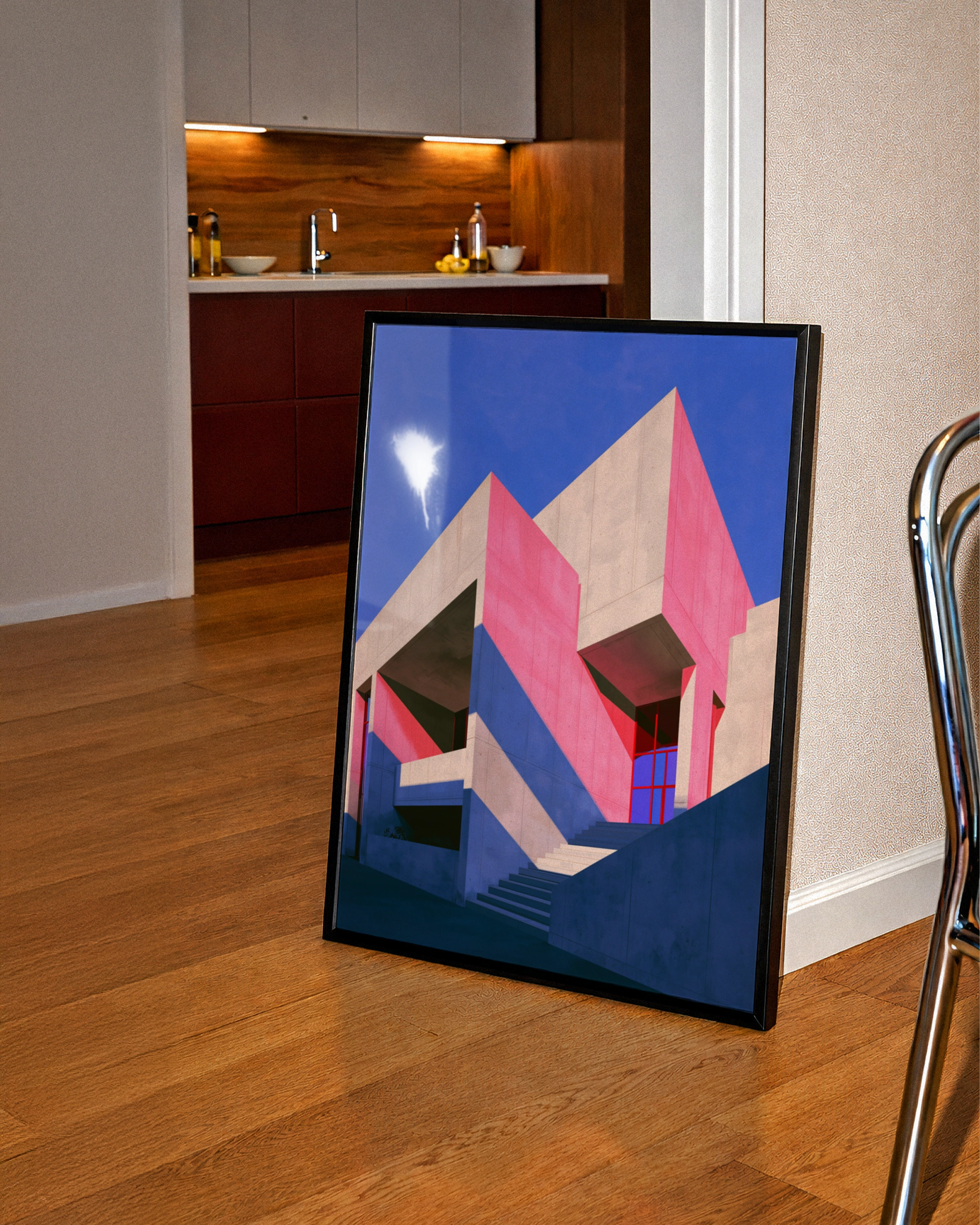 Brutalist Architecture Poster, Pink Purple Concrete Building, Bold Geometric Wall Art