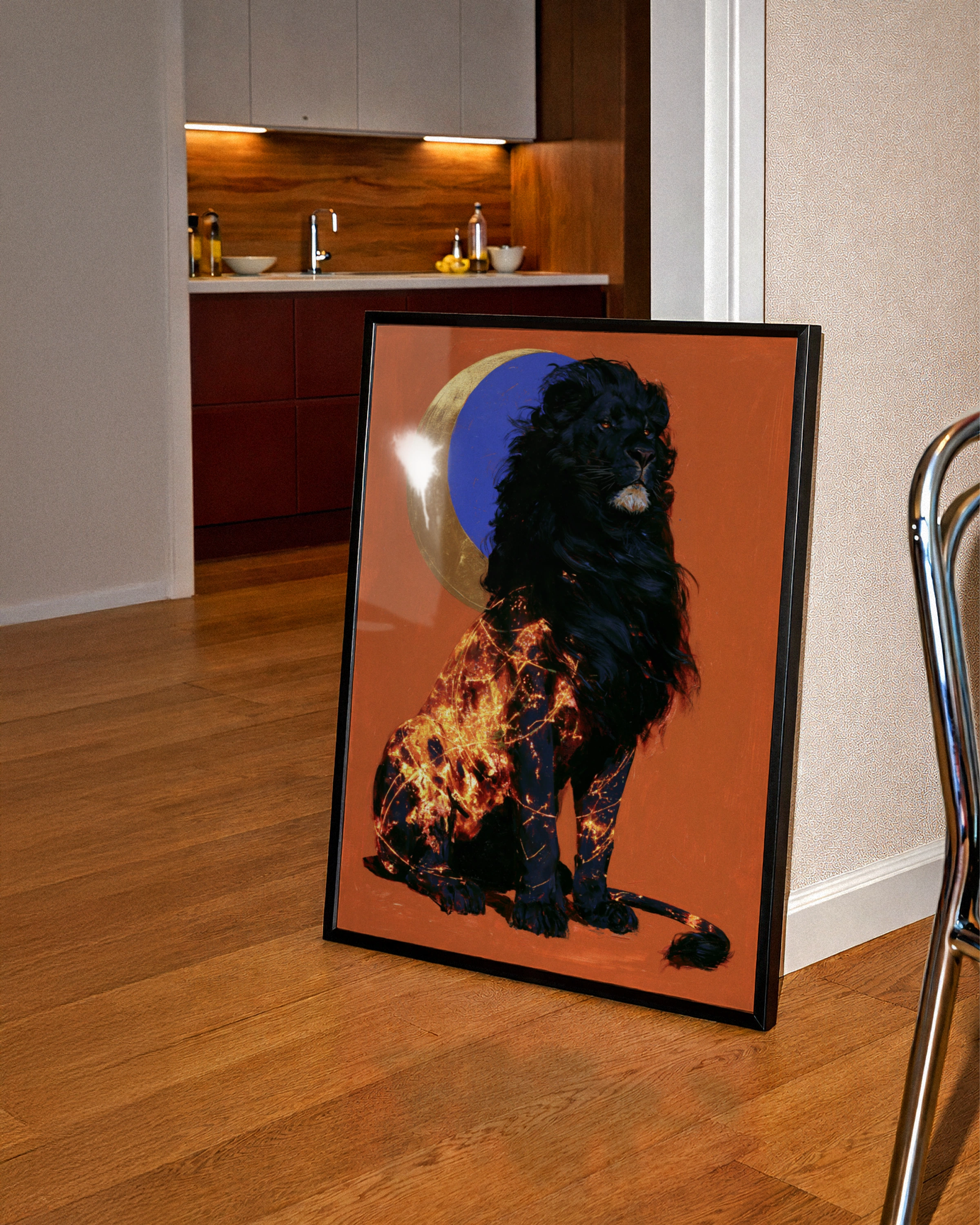 Black Lion Moon Wall Art Poster, Celestial Wildlife Print, Bold Red Gold