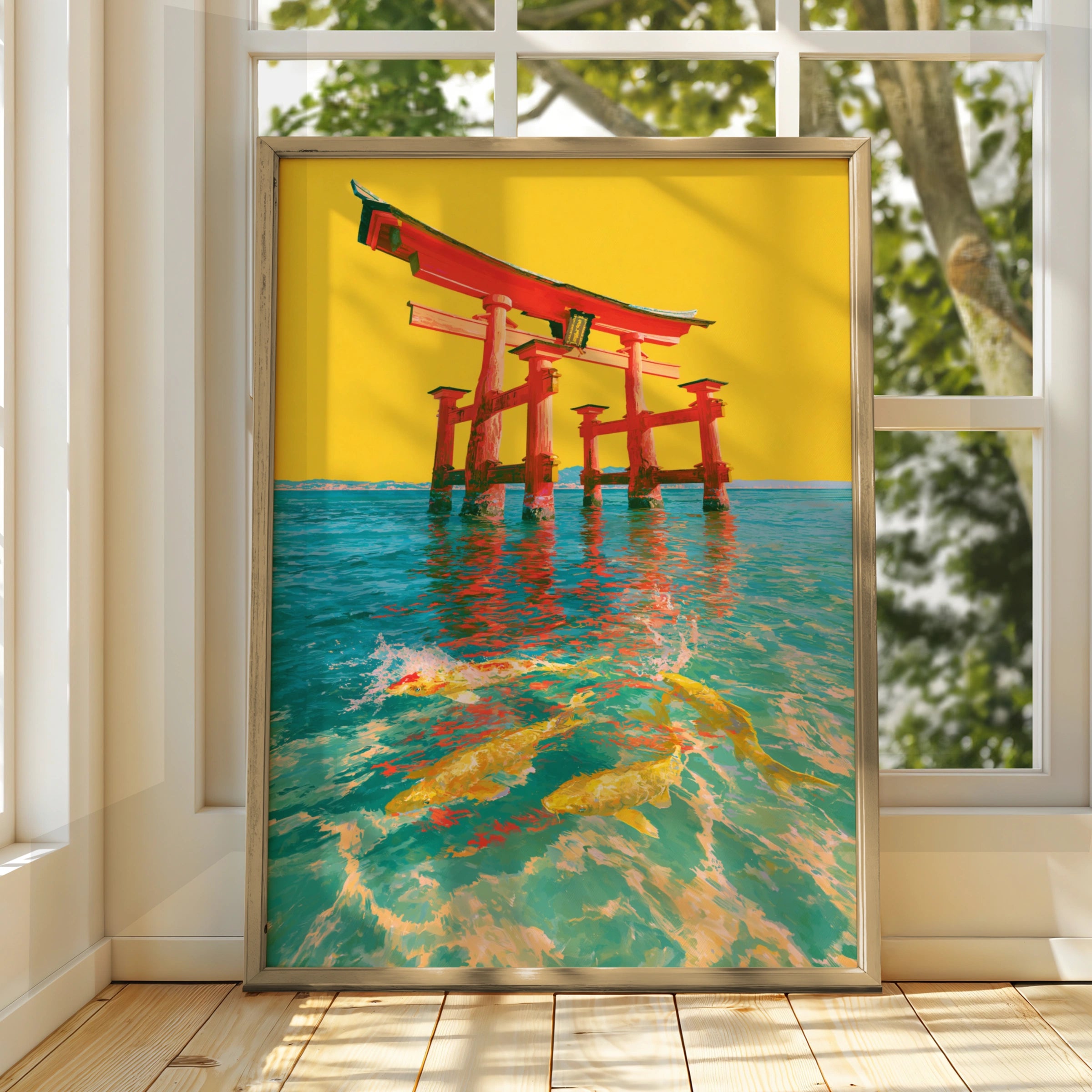 Japanese Torii Gate Koi Fish Poster, Red Gate Yellow Water Art Print