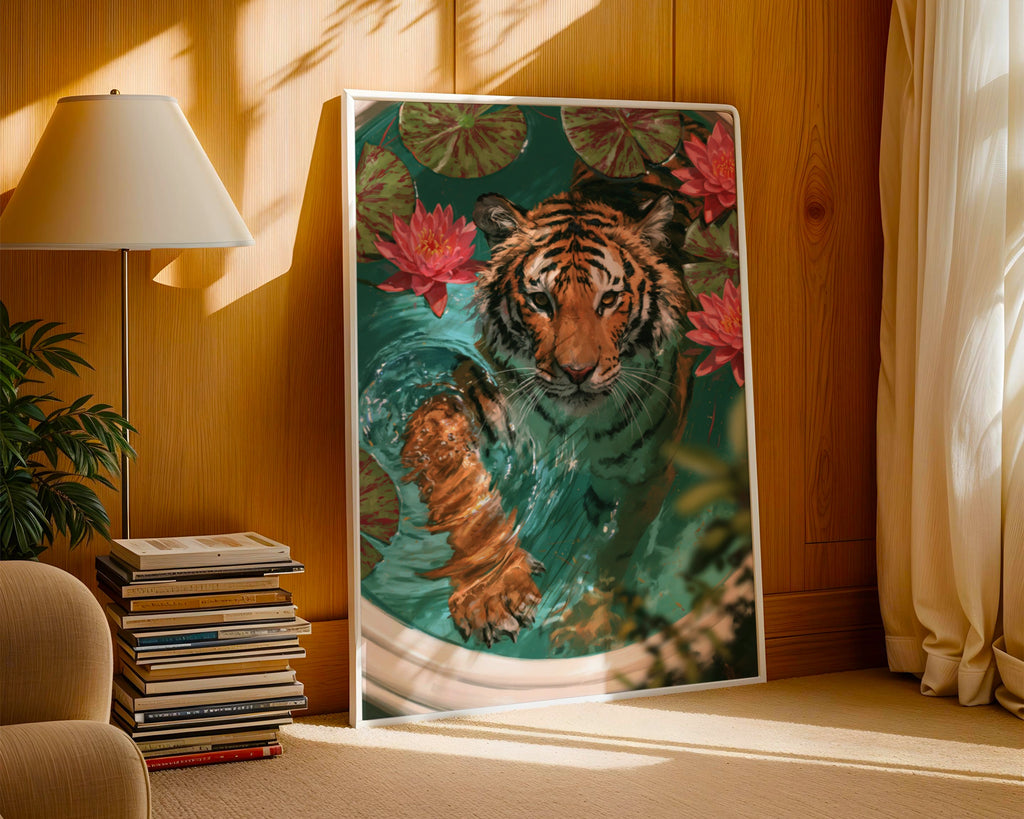 Tiger in Bath with Lotus Flowers Poster, Wildlife Art Print, Botanical
