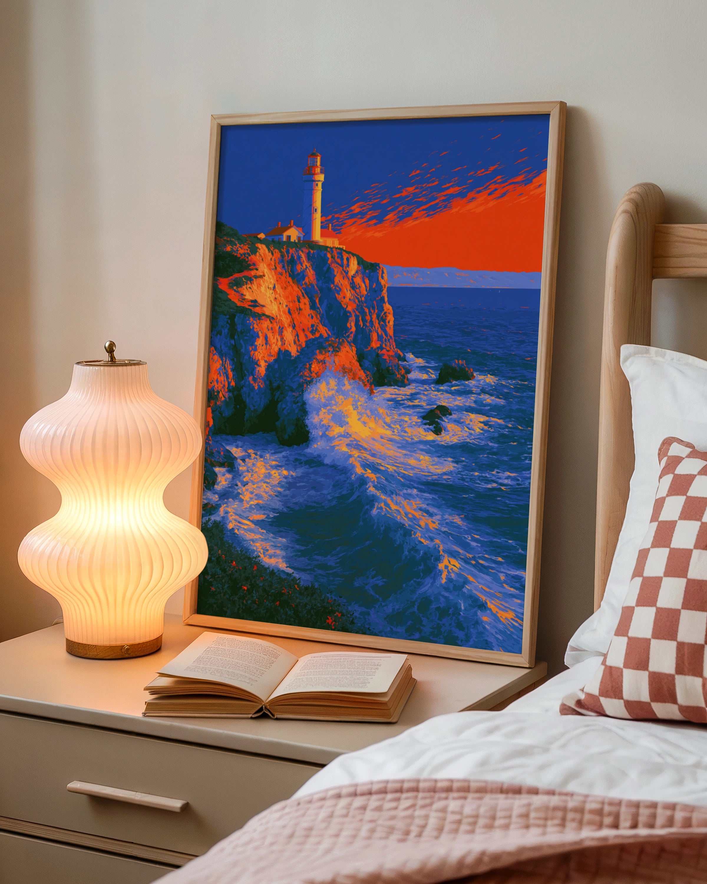 Red Lighthouse Cliff Coastal Wall Art Poster, Bold Sunset Ocean Print