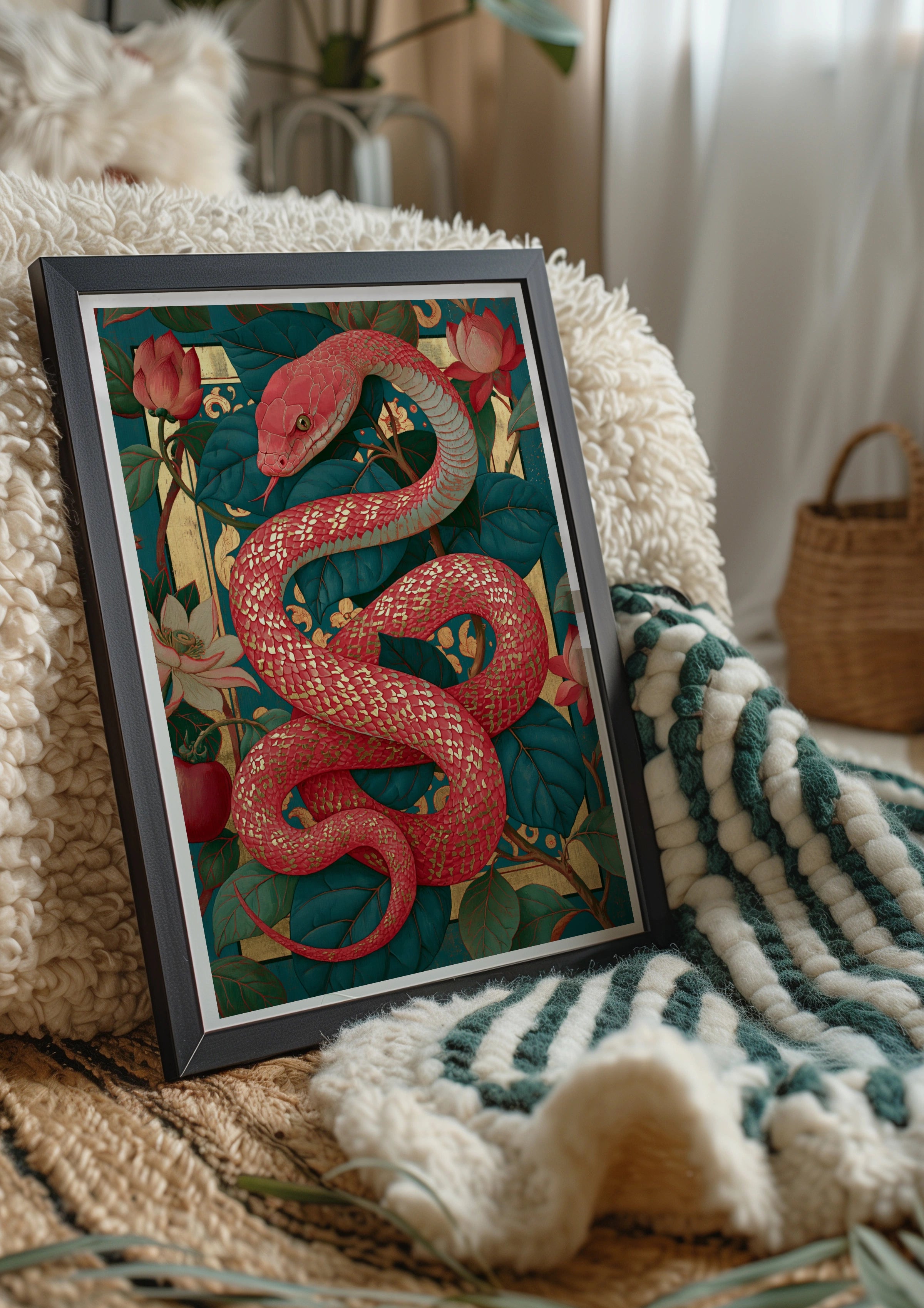 Red Snake Botanical Wall Art Poster, Gold Floral Teal Art Nouveau Print