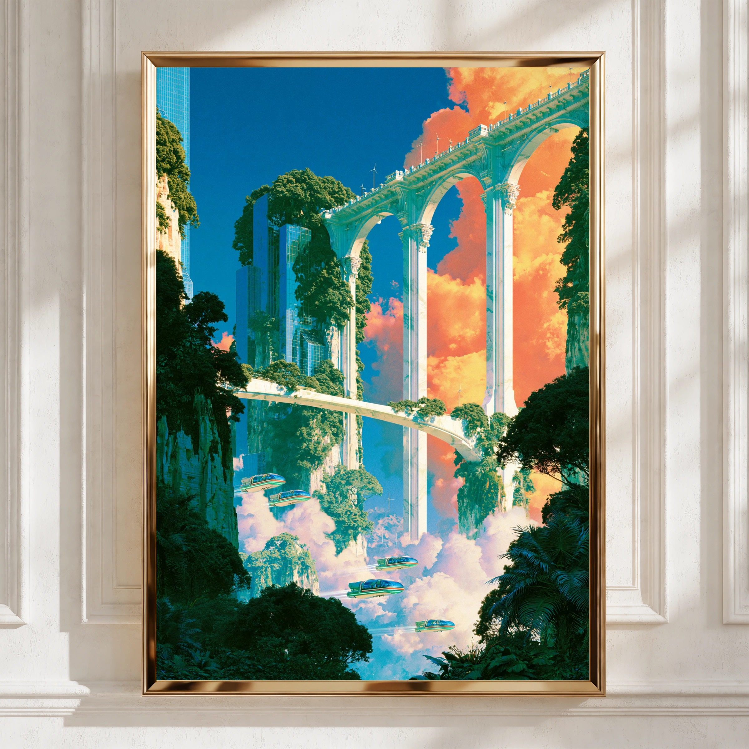 Sky City Aqueduct Poster, Futuristic Fantasy Architecture, Sci-Fi Art Print