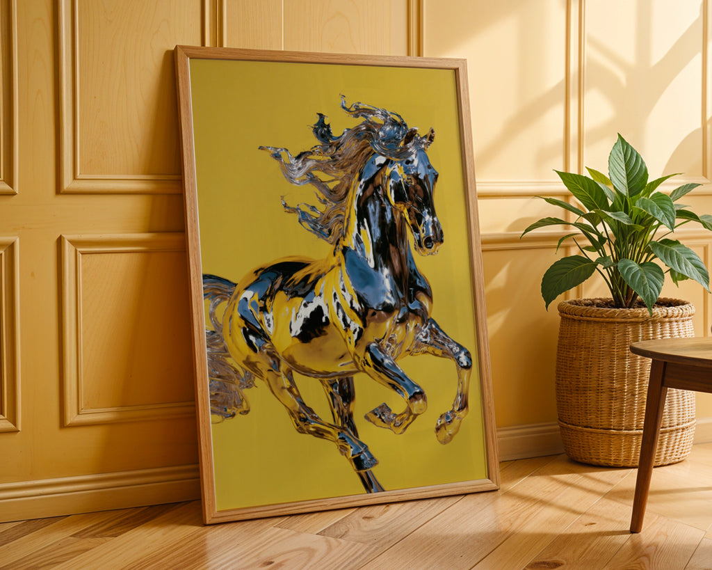 Chrome Horse Poster, Metallic Yellow Wall Art, Bold Modern Print