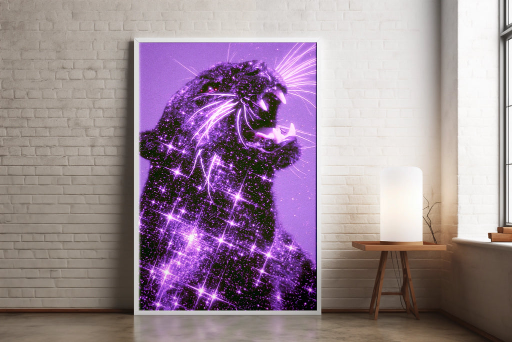 Black Panther Star Purple Poster, Glitter Big Cat Wall Art, Bold Maximalist Print