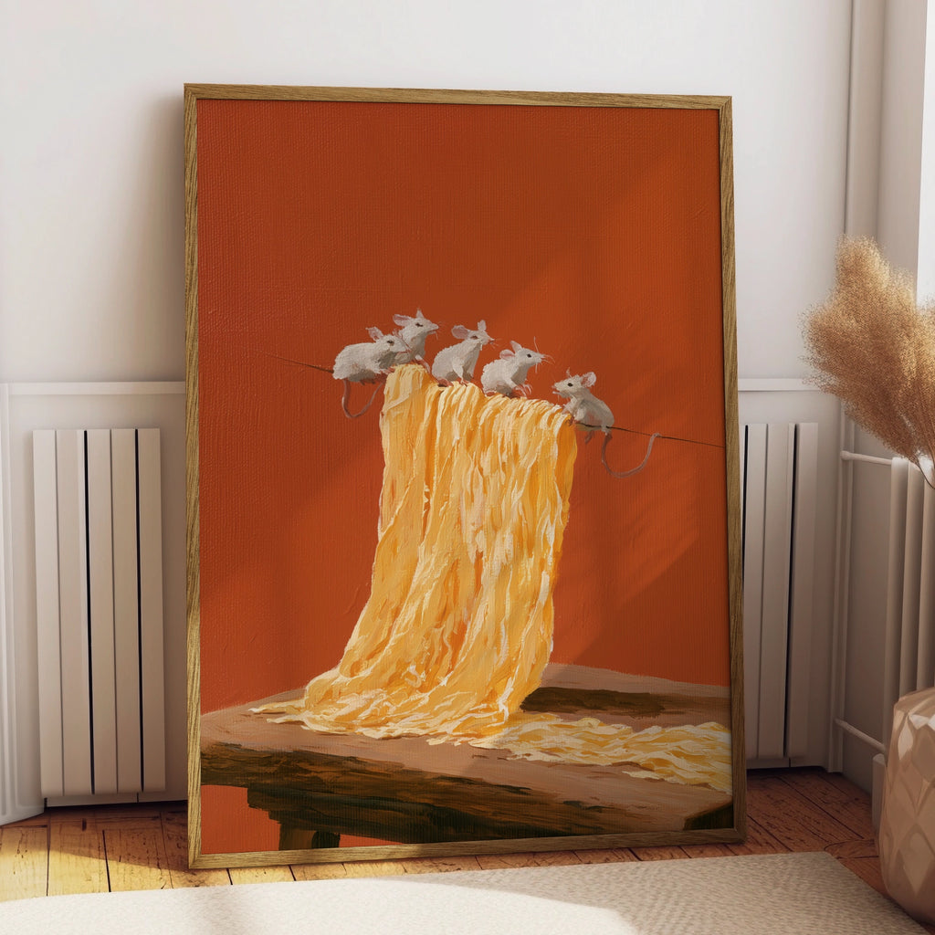 Mice on Pasta Poster, Whimsical Kitchen Wall Art, Oil Painting Style Print