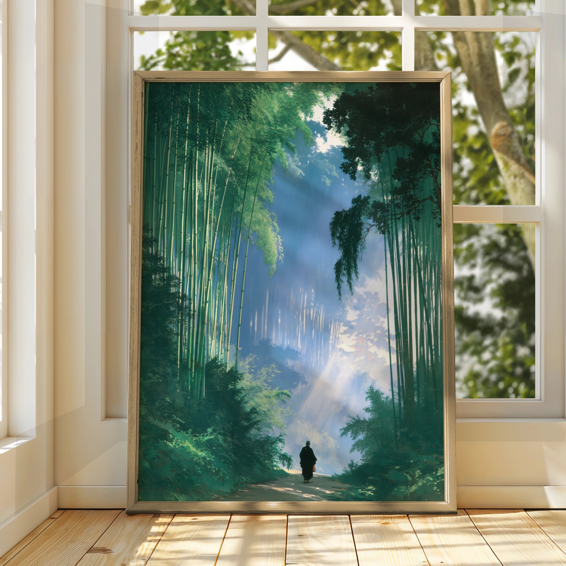 Bamboo Forest Monk Poster, Japanese Path Wall Art, Zen Minimalist Print