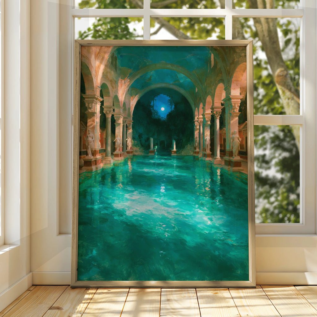 Roman Bathhouse Painting Poster, Ancient Architecture, Teal Moonlit Pool Art