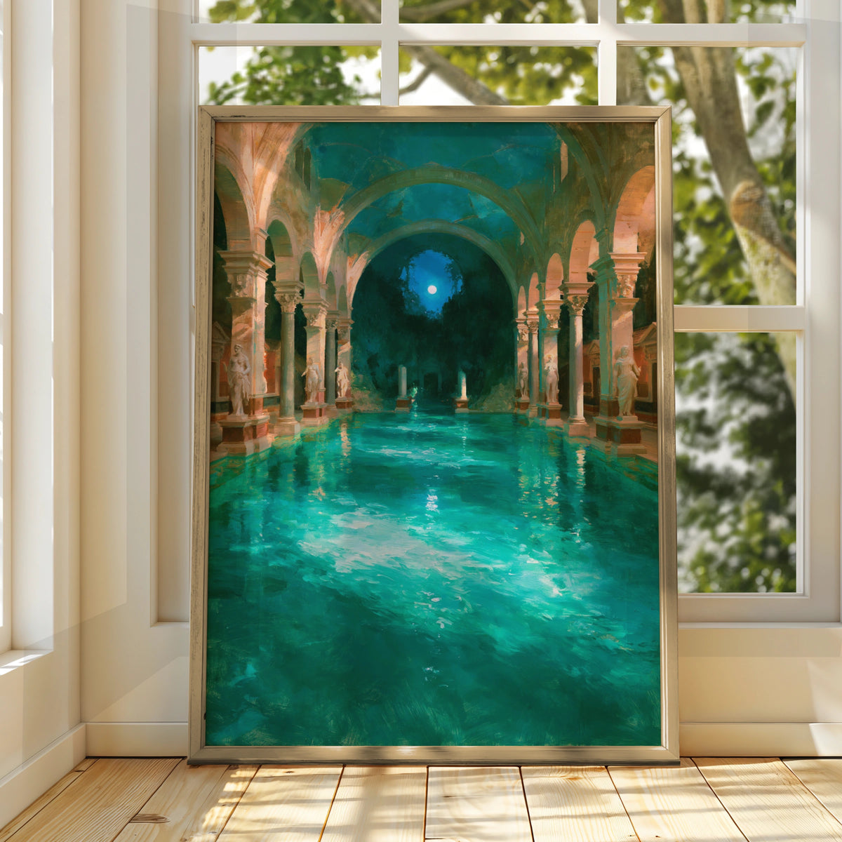 Roman Bathhouse Painting Poster, Ancient Architecture, Teal Moonlit Pool Art