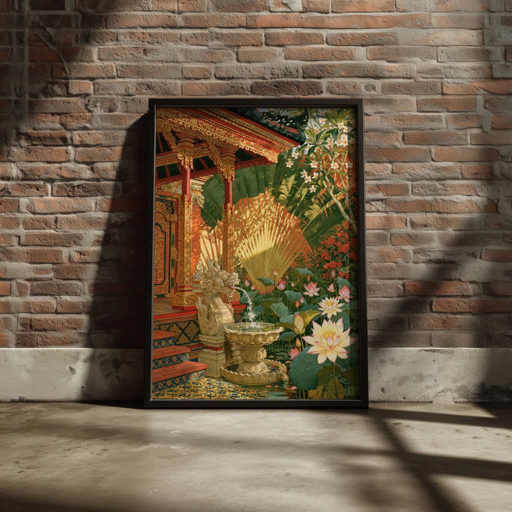 Balinese Temple Courtyard Poster, Garuda Fountain Lotus Garden, Tropical Wall Art