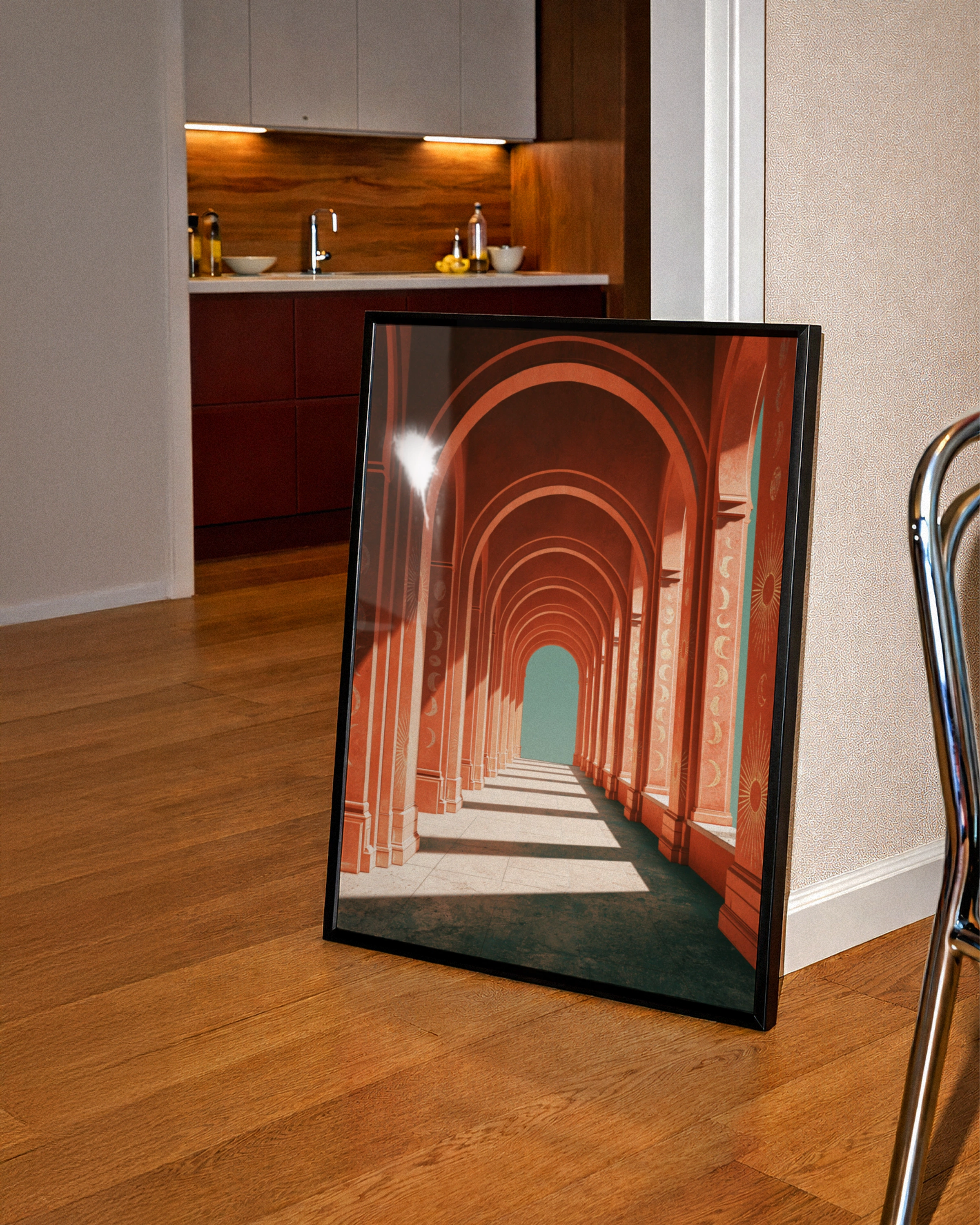 Orange Arch Corridor Poster, Moon Phase Celestial Colonnade, Surreal Architecture Print