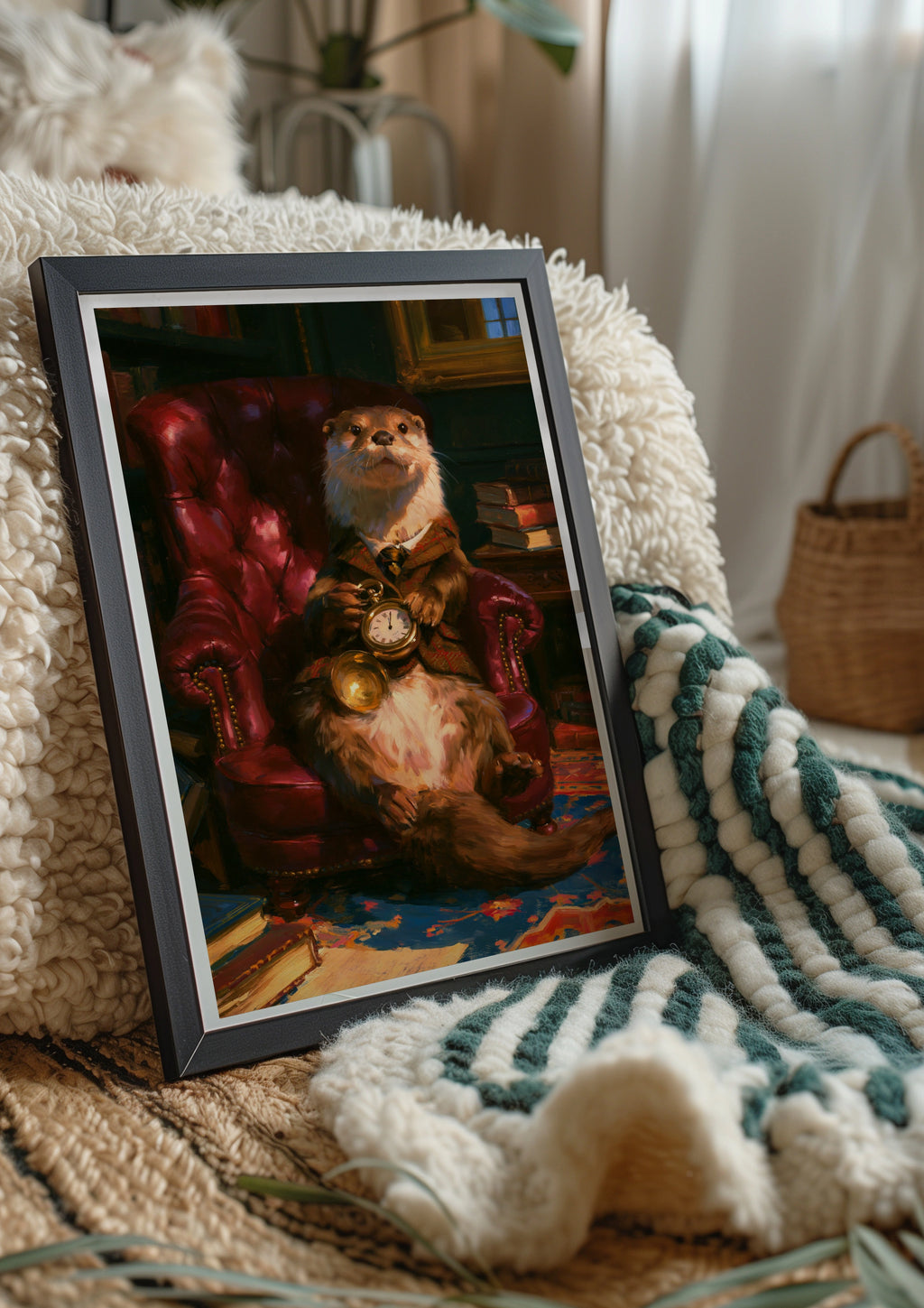 Dapper Otter Portrait Poster, Pocket Watch Library Armchair, Oil Painting Style