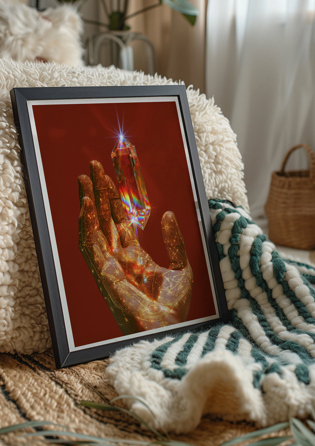 Crystal Prism Hand Poster, Mystical Celestial Art Print, Bohemian Wall Decor