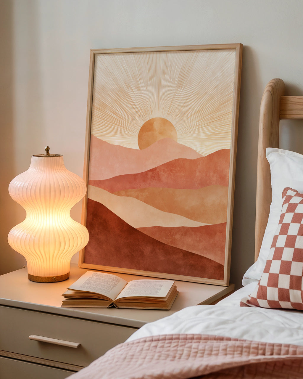Boho Sun Mountain Poster, Terracotta Desert Landscape Print, Mid Century Wall Art