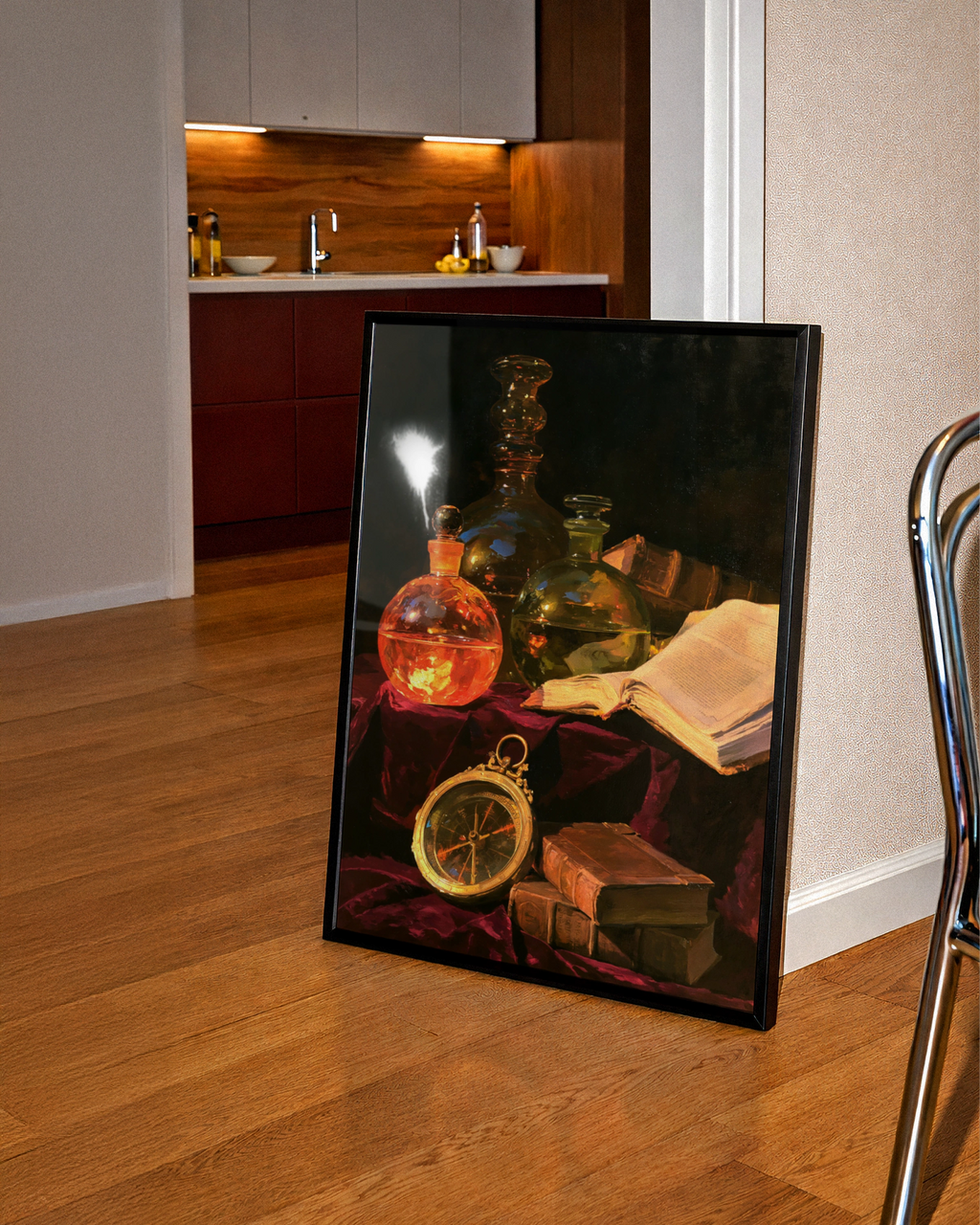 Glass Bottles Books Compass Still Life Poster, Old Masters Oil Painting Style