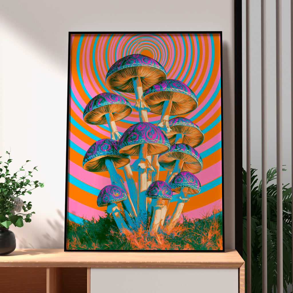Psychedelic Mushroom Poster, Retro Trippy Wall Art, Orange Pink Groovy Print
