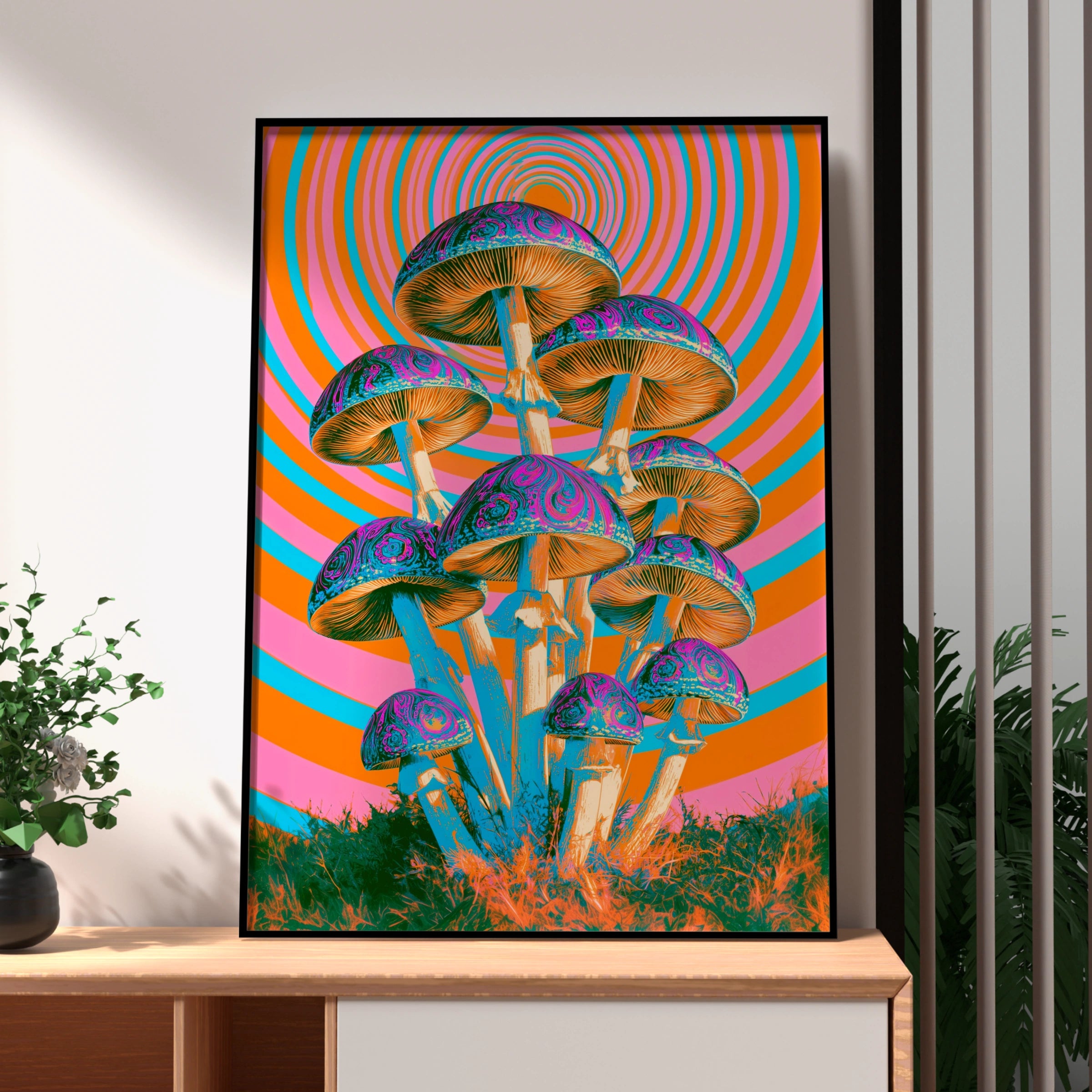 Psychedelic Mushroom Poster, Retro Trippy Wall Art, Orange Pink Groovy Print