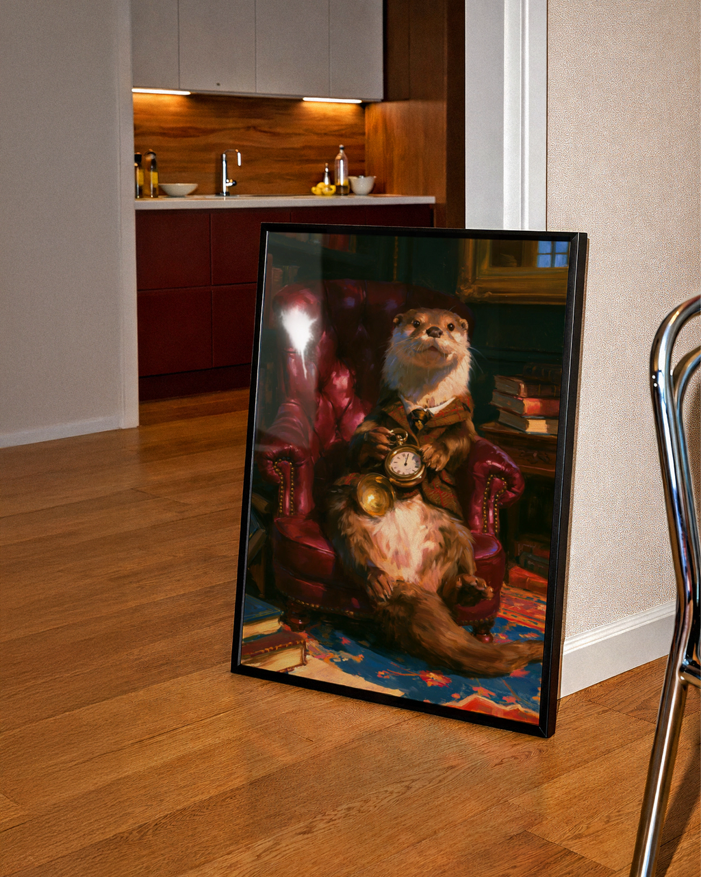 Dapper Otter Portrait Poster, Pocket Watch Library Armchair, Oil Painting Style