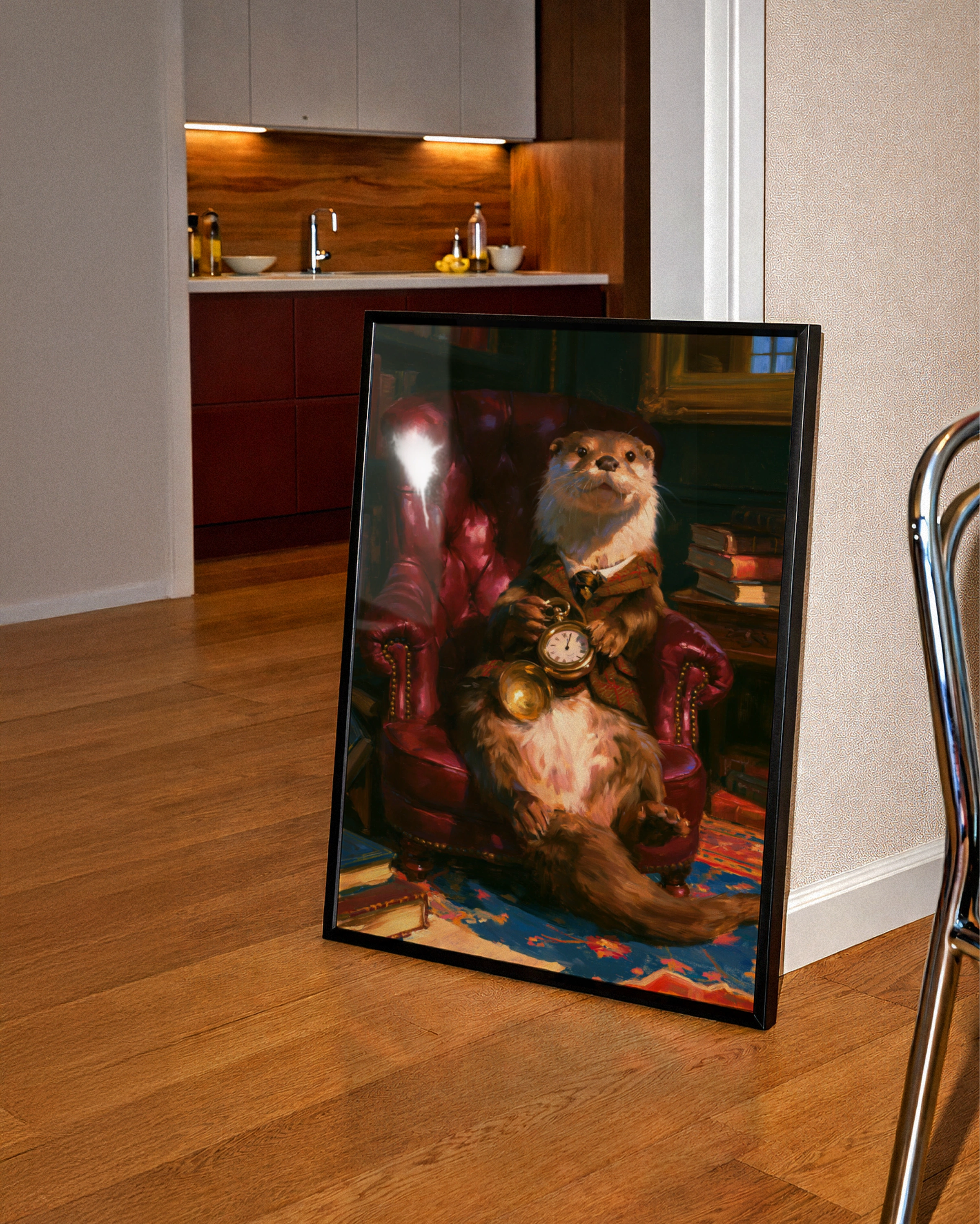 Dapper Otter Portrait Poster, Pocket Watch Library Armchair, Oil Painting Style