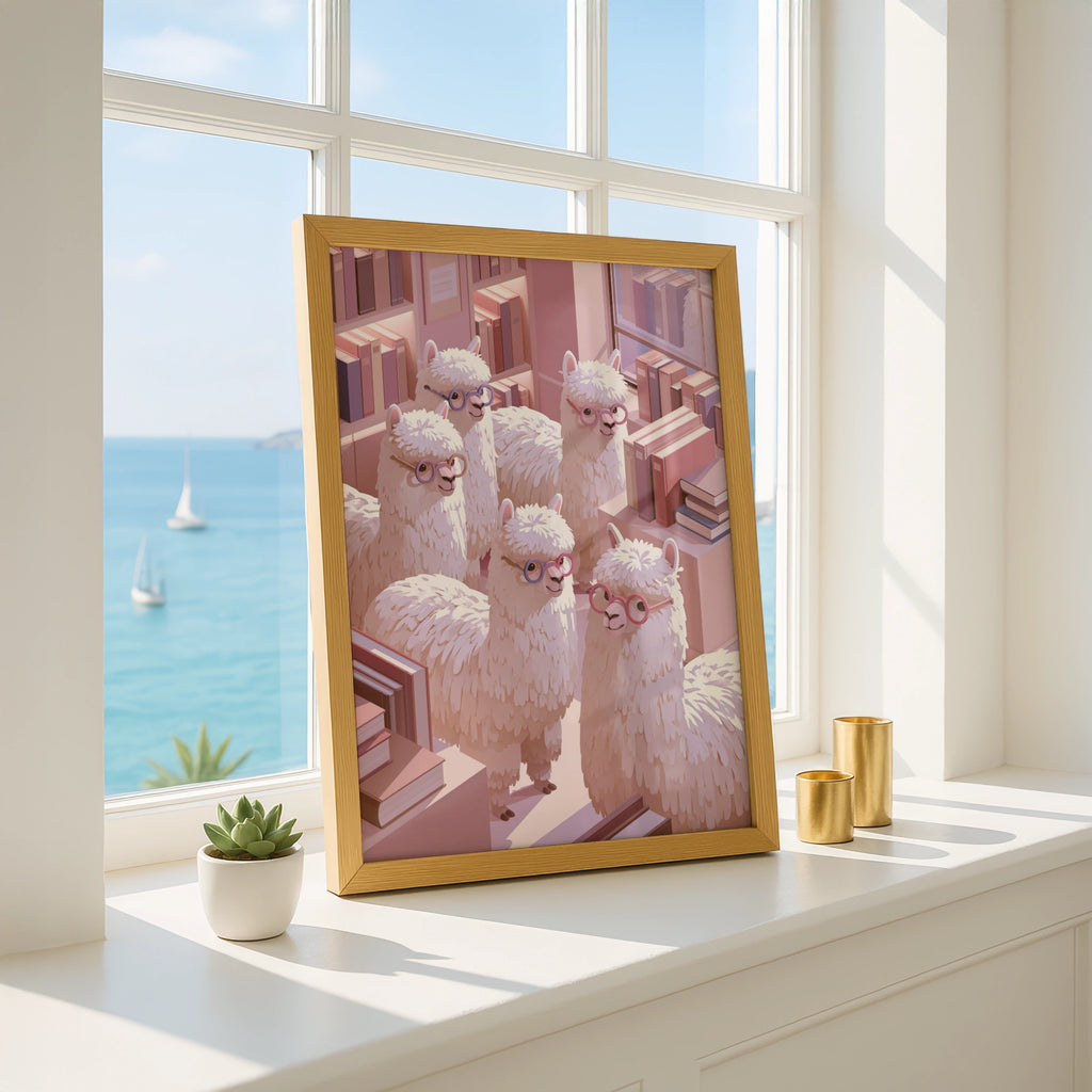Alpaca Library Poster, Cute Alpacas with Glasses, Pink Bookish Wall Art